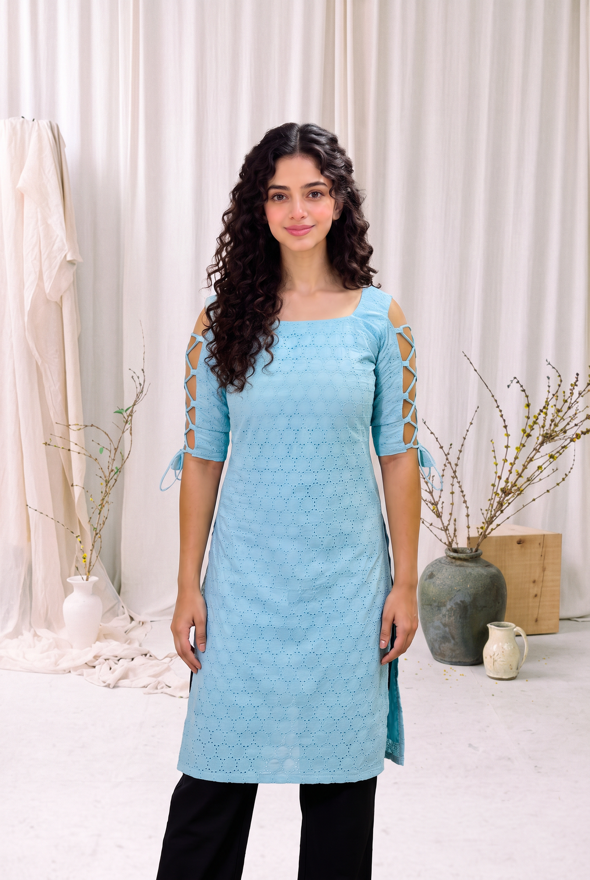 Sky Blue Dori Sleeve Kurti