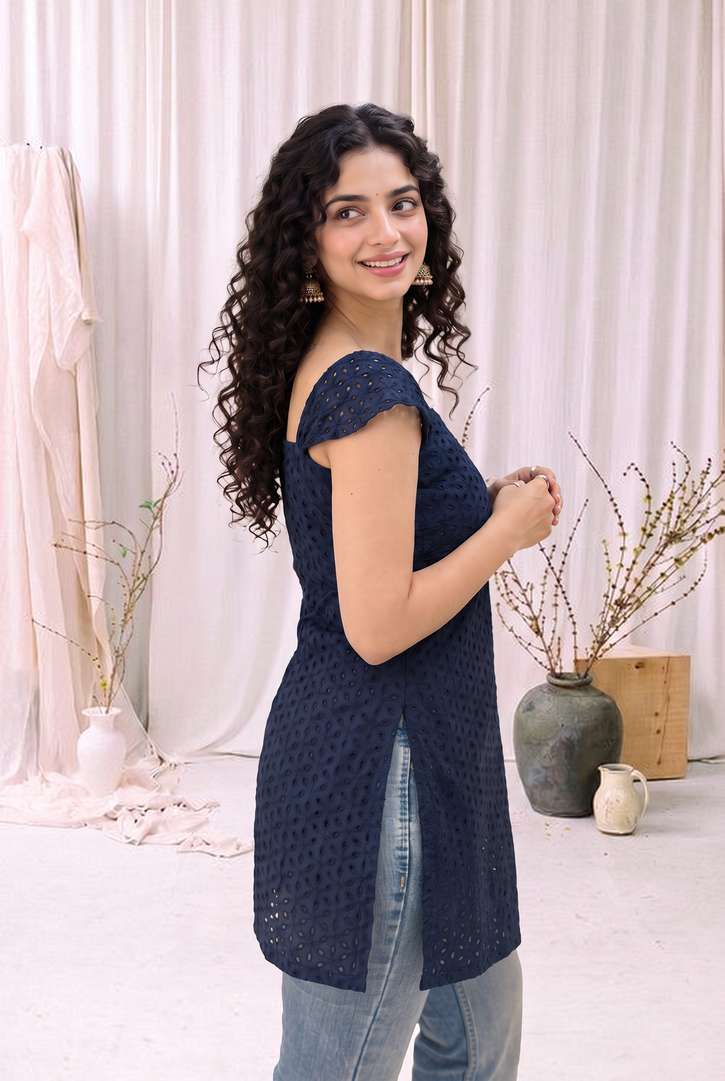 Navy Blue Hakoba Chikan Kurti