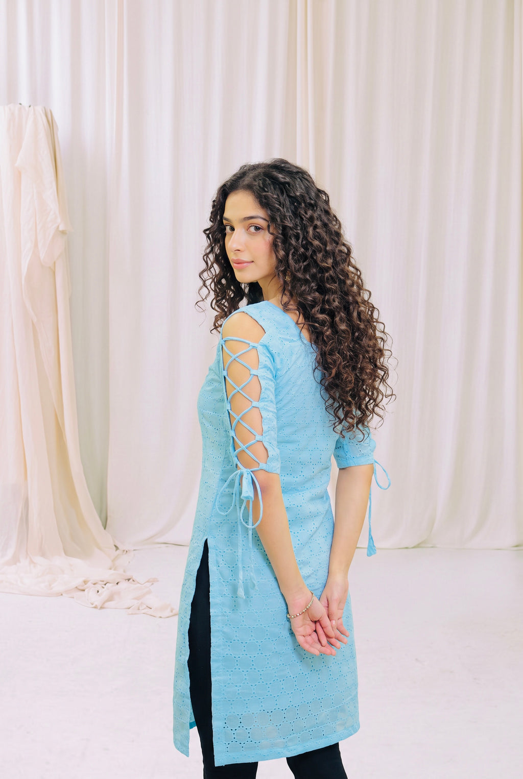 Sky Blue Dori Sleeve Kurti