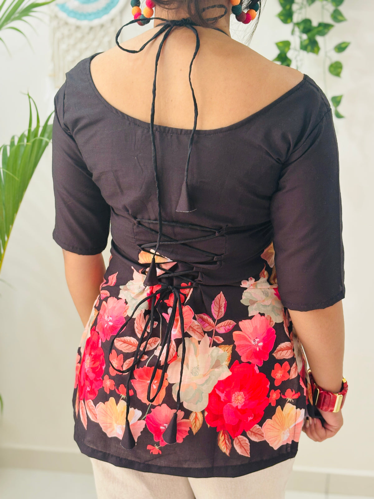 Black Bloom Corset Tie-Up Kurti