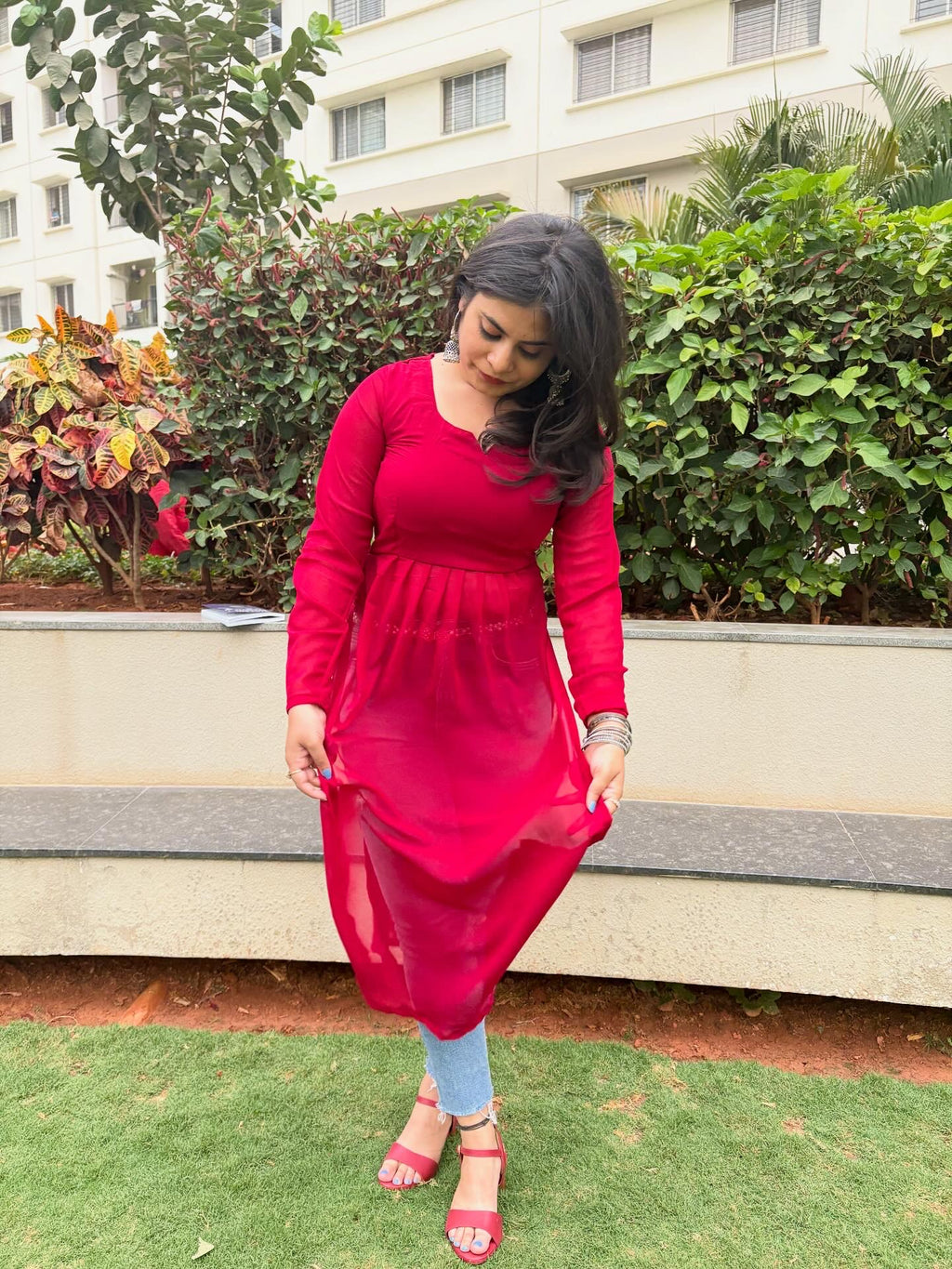 Hot Red Churidaar Sleeves Kurti