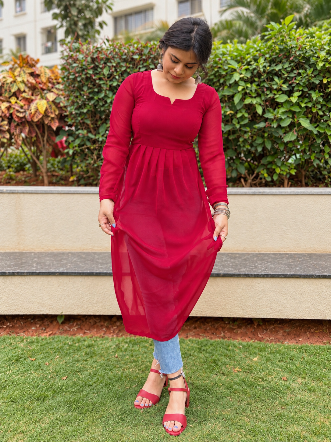 Hot Red Churidaar Sleeves Kurti