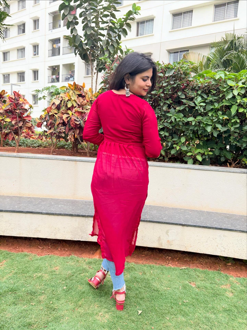 Hot Red Churidaar Sleeves Kurti