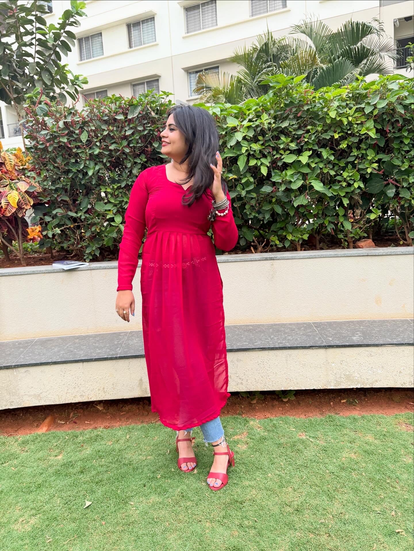 Hot Red Churidaar Sleeves Kurti