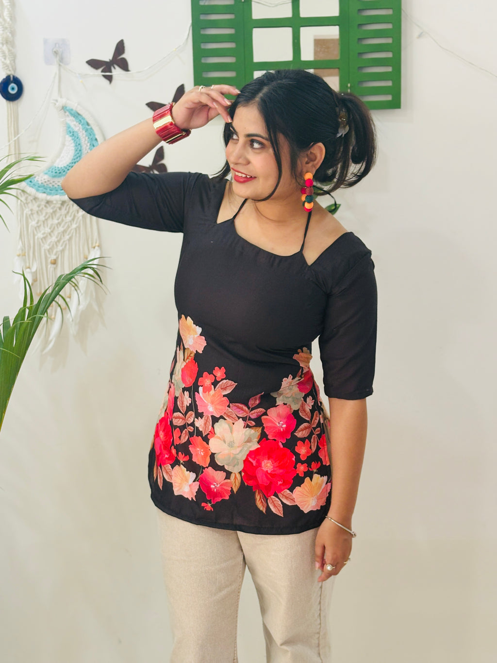 Black Bloom Corset Tie-Up Kurti