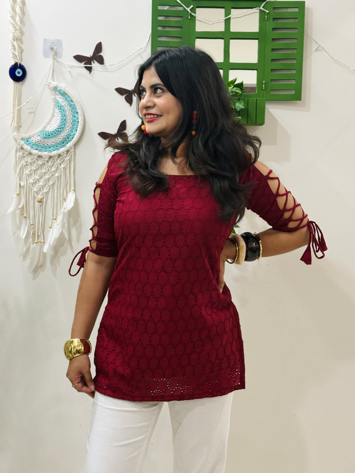Hot Red Dori Sleeve Kurti