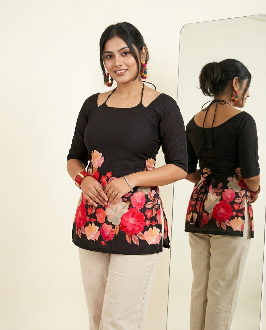 Black Bloom Corset Tie-Up Kurti