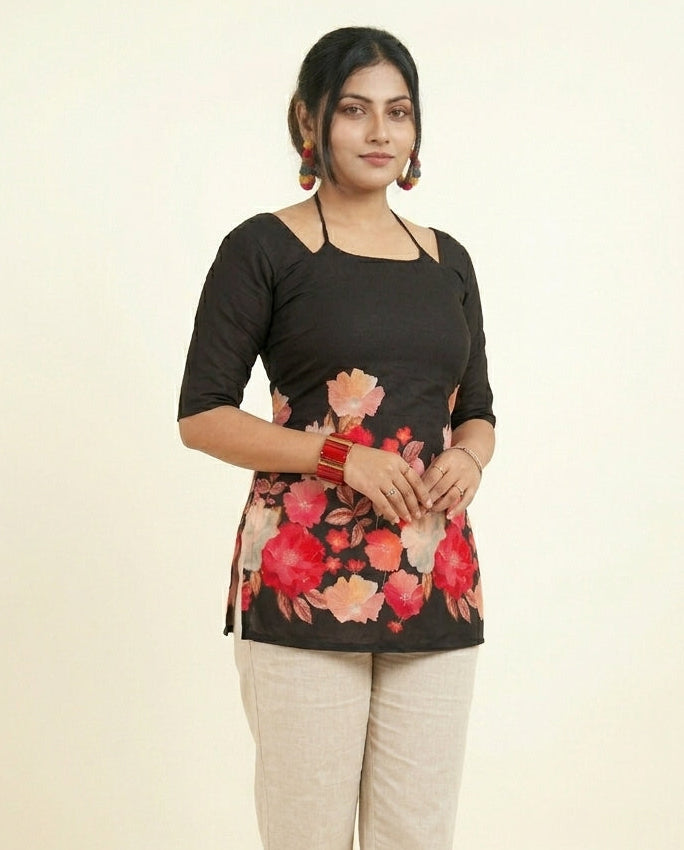 Black Bloom Corset Tie-Up Kurti