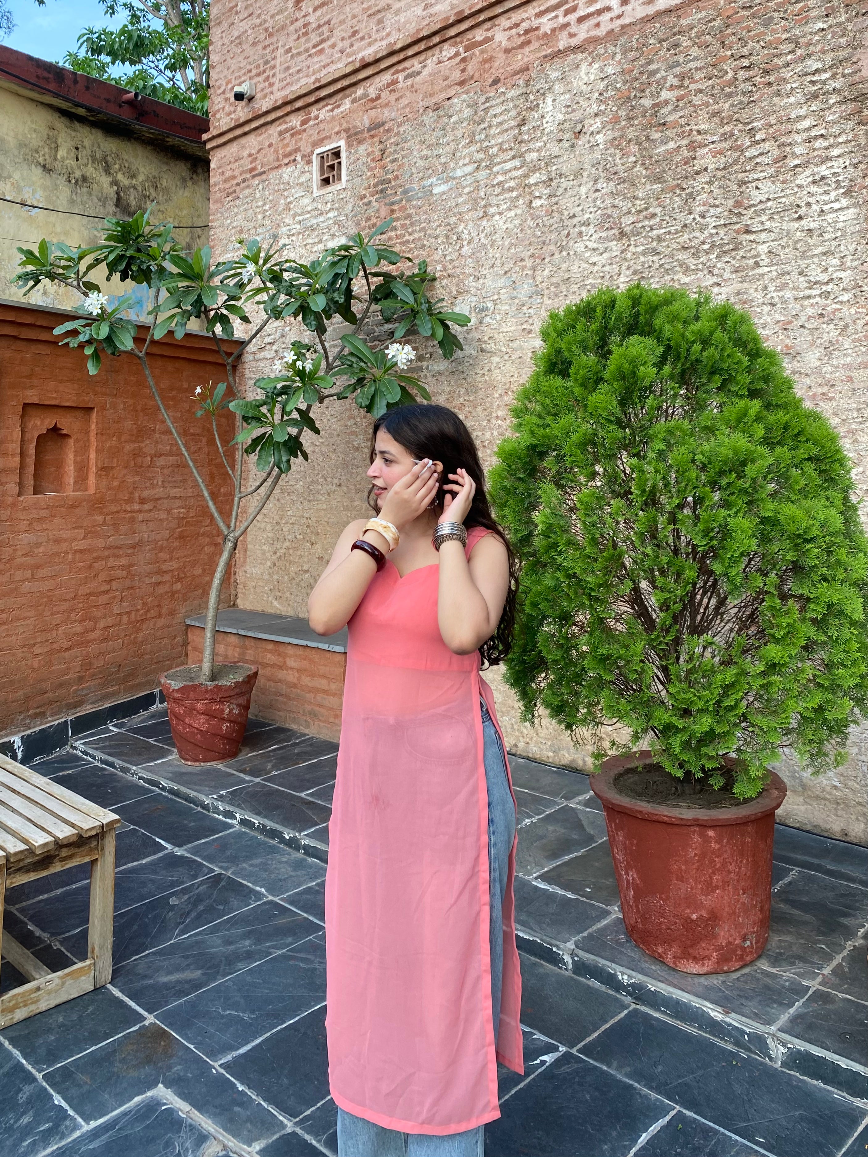Coral Glow Kaudi-Back Slit Kurti