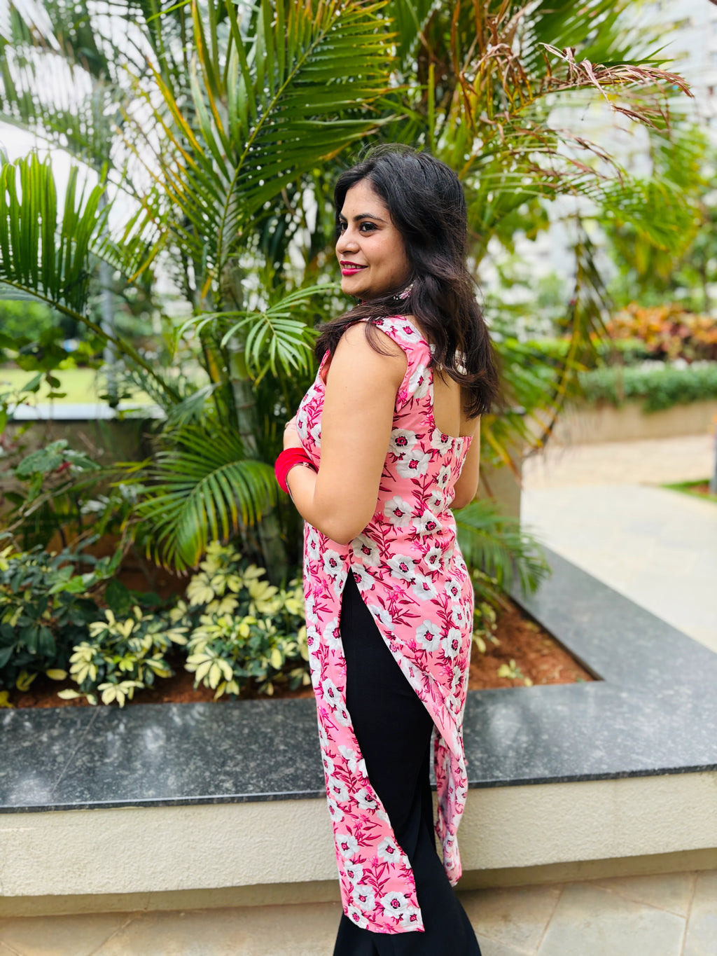 Elegant Pink Floral Long Kurti with White Blossoms