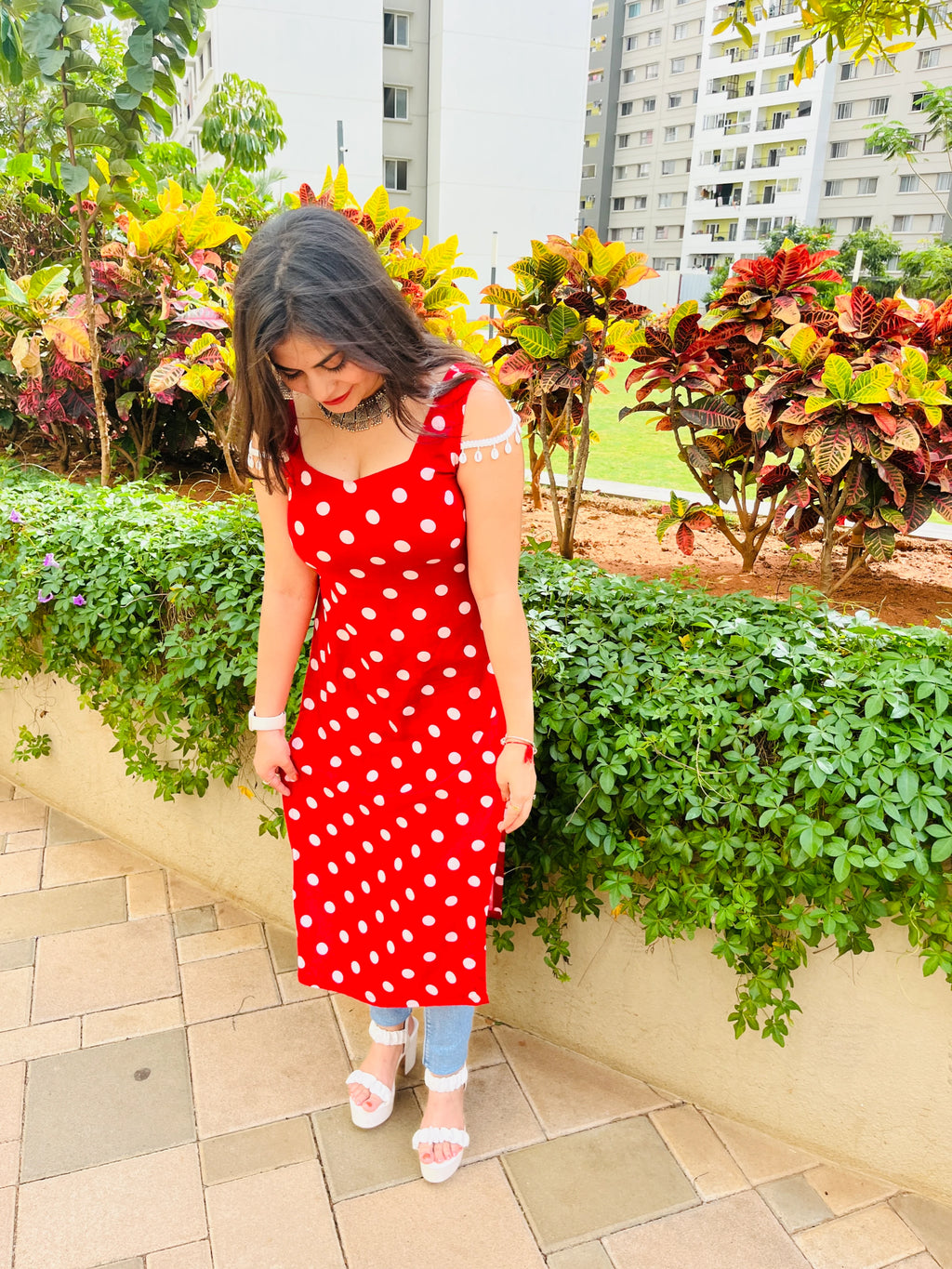 Classic Red Polka Kurti with White Dots & Lace Shoulder Detailing