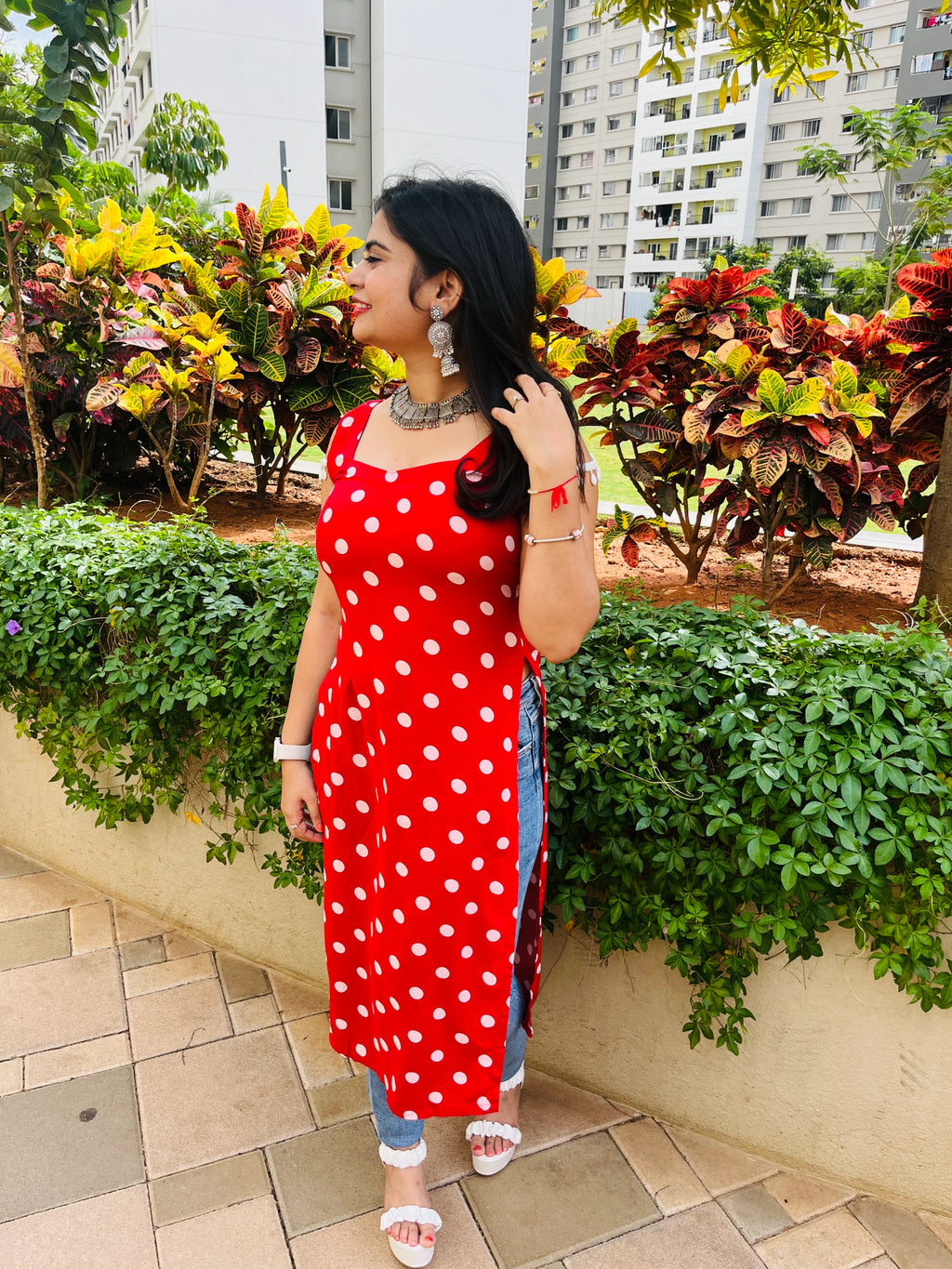 Classic Red Polka Kurti with White Dots & Lace Shoulder Detailing