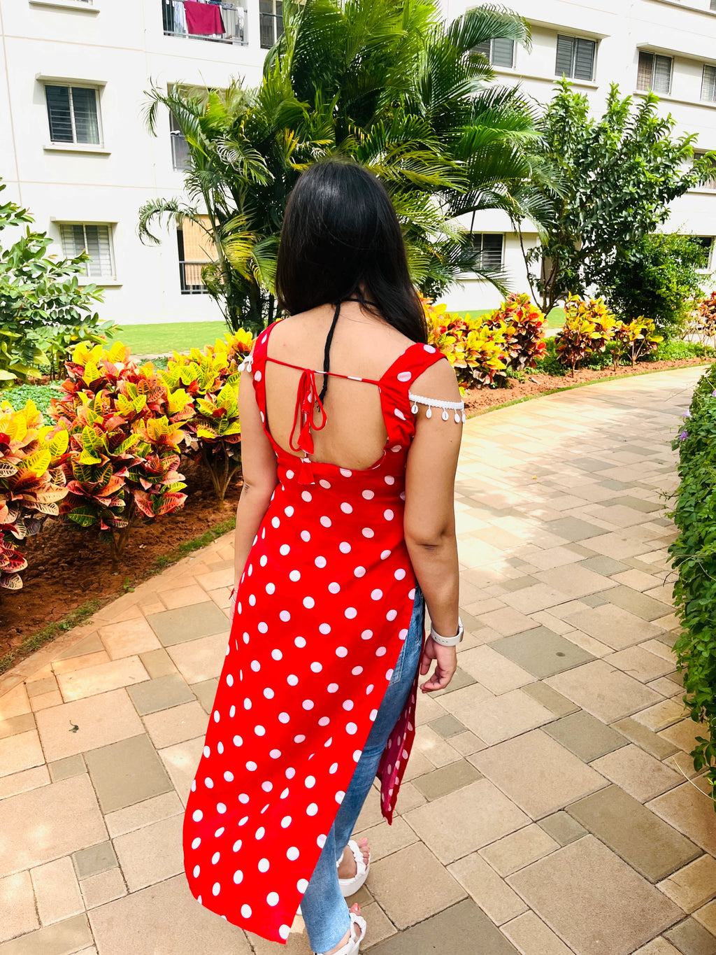 Classic Red Polka Kurti with White Dots & Lace Shoulder Detailing