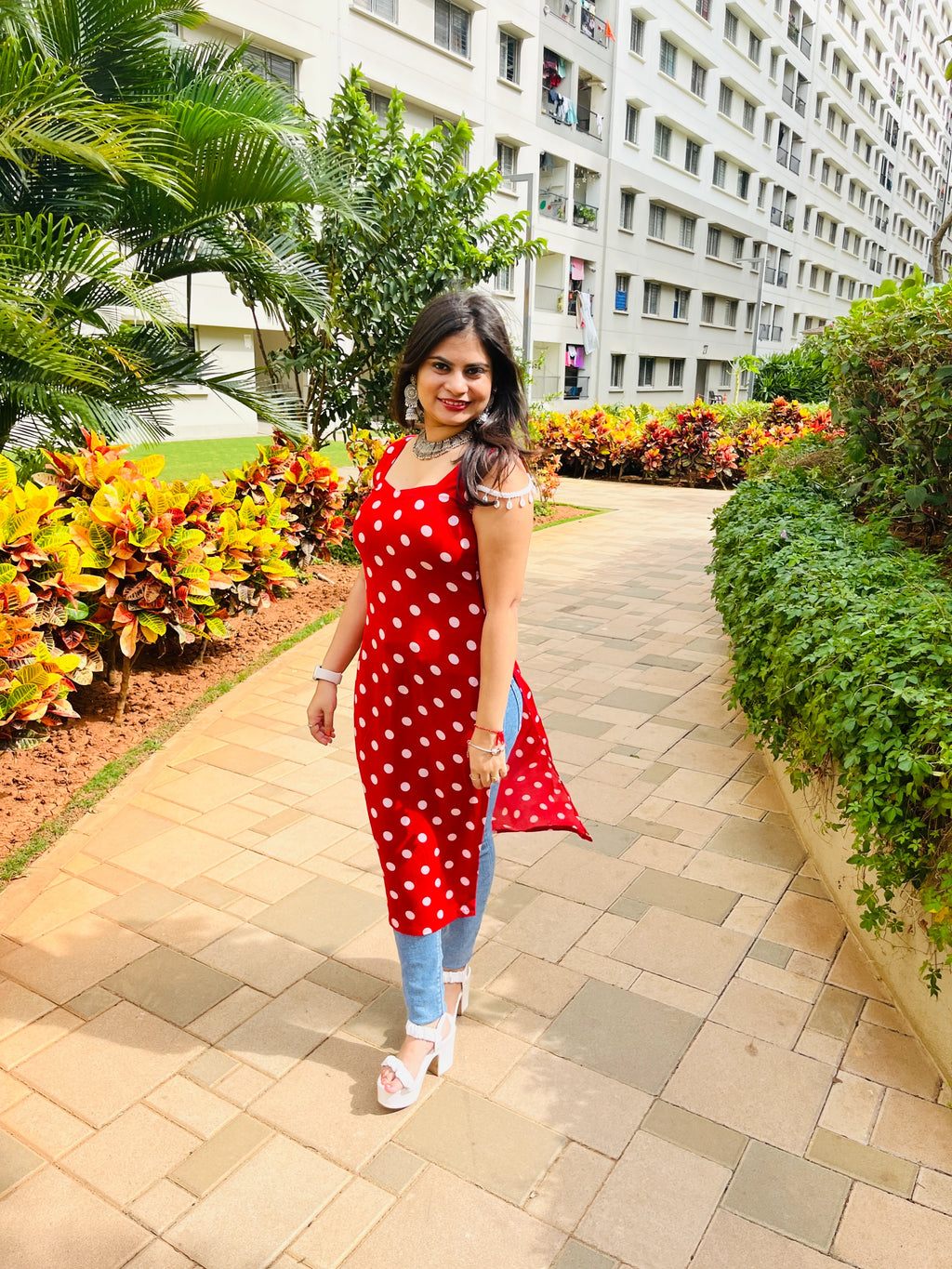 Classic Red Polka Kurti with White Dots & Lace Shoulder Detailing
