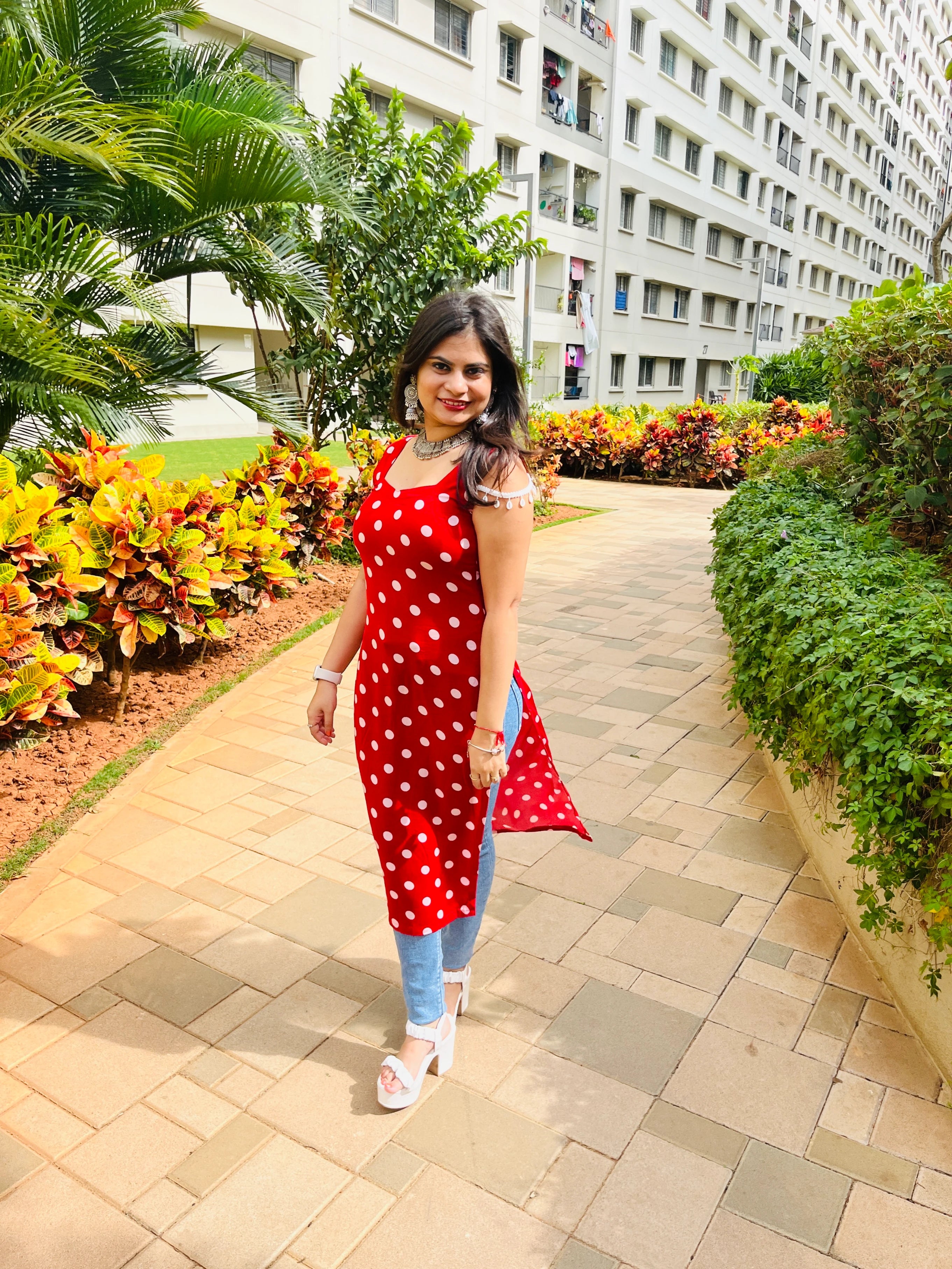 Classic Red Polka Kurti with White Dots & Lace Shoulder Detailing