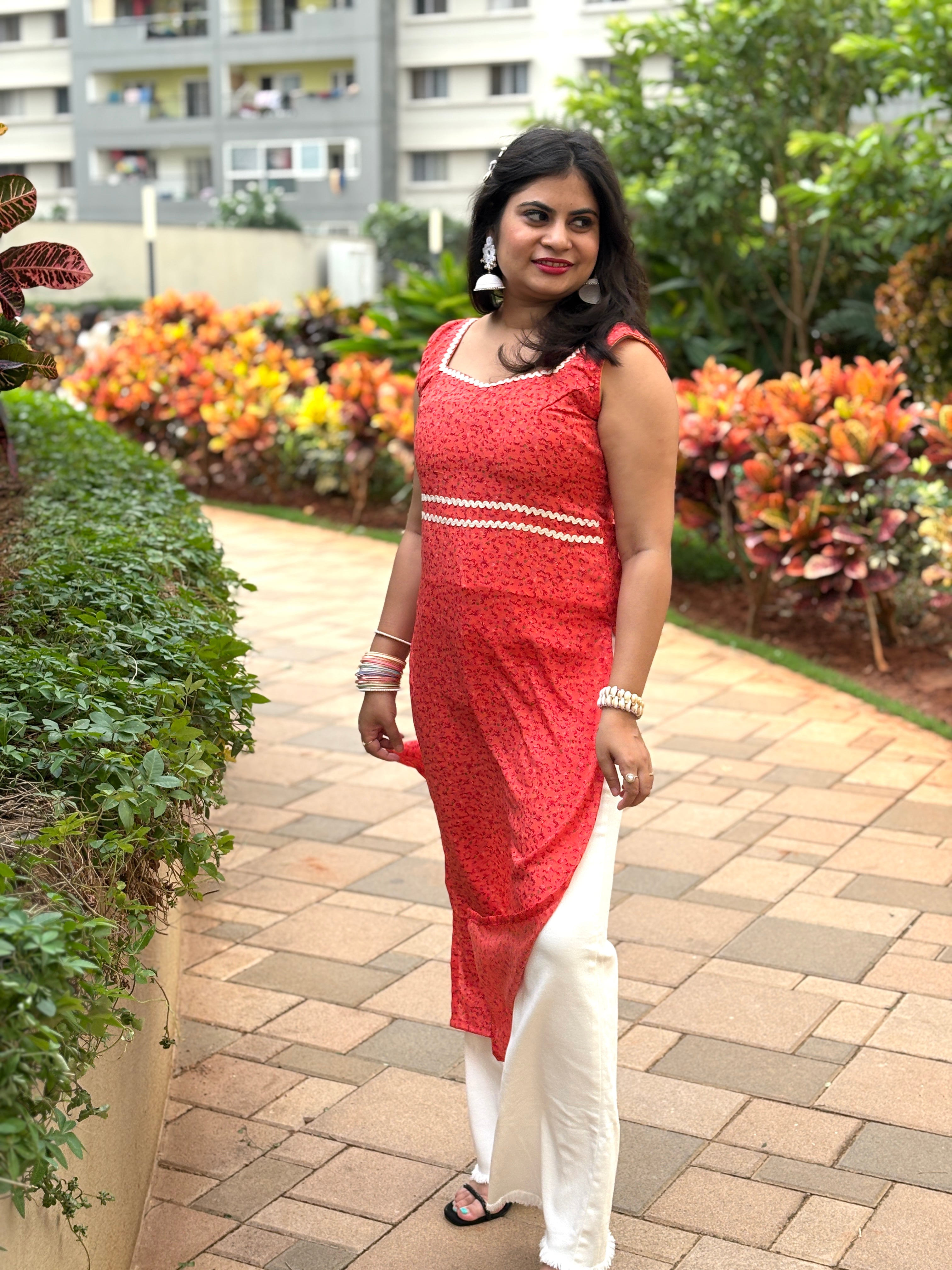 Coral Red Blossom Straight Kurti