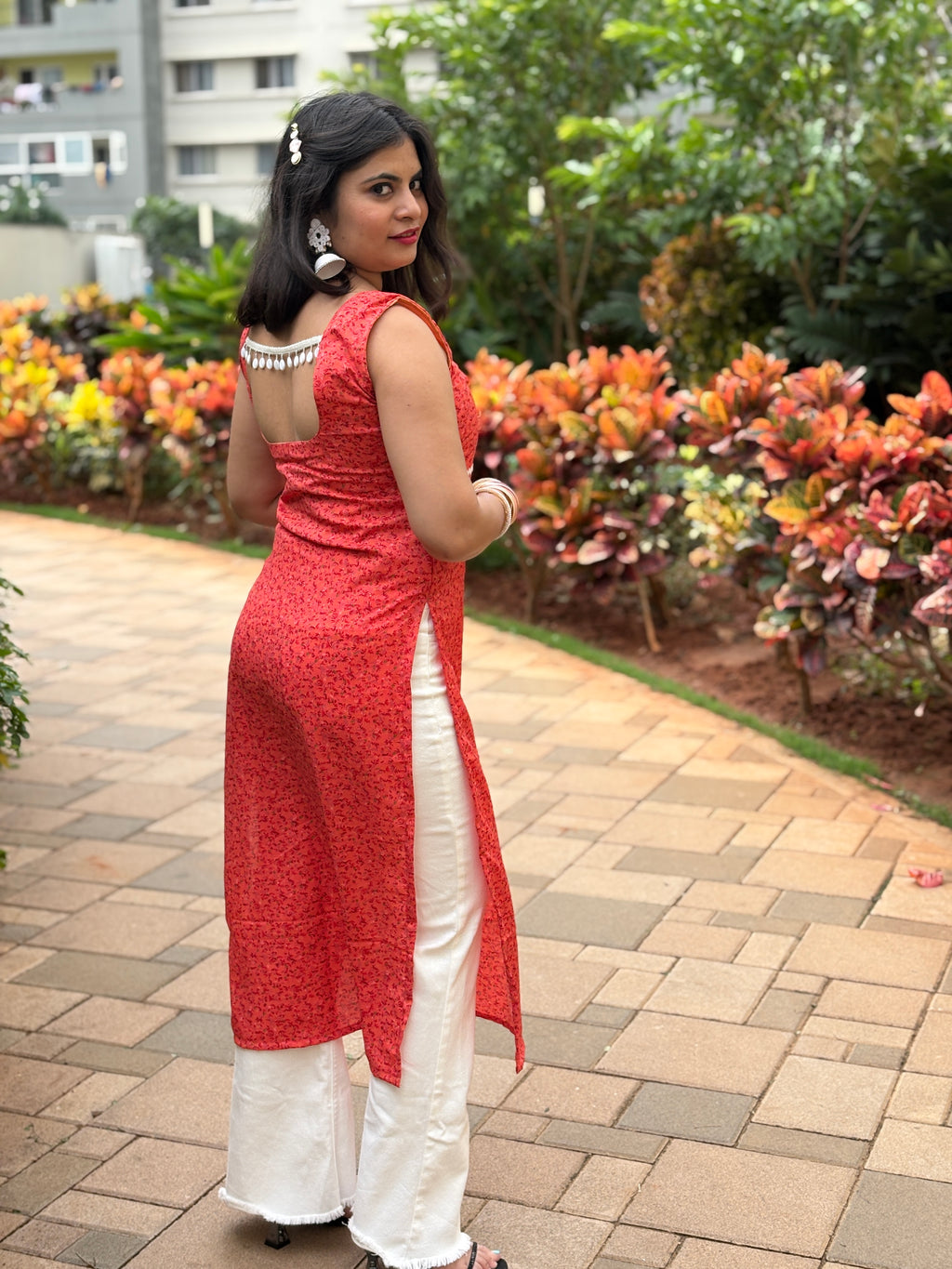 Coral Red Blossom Straight Kurti