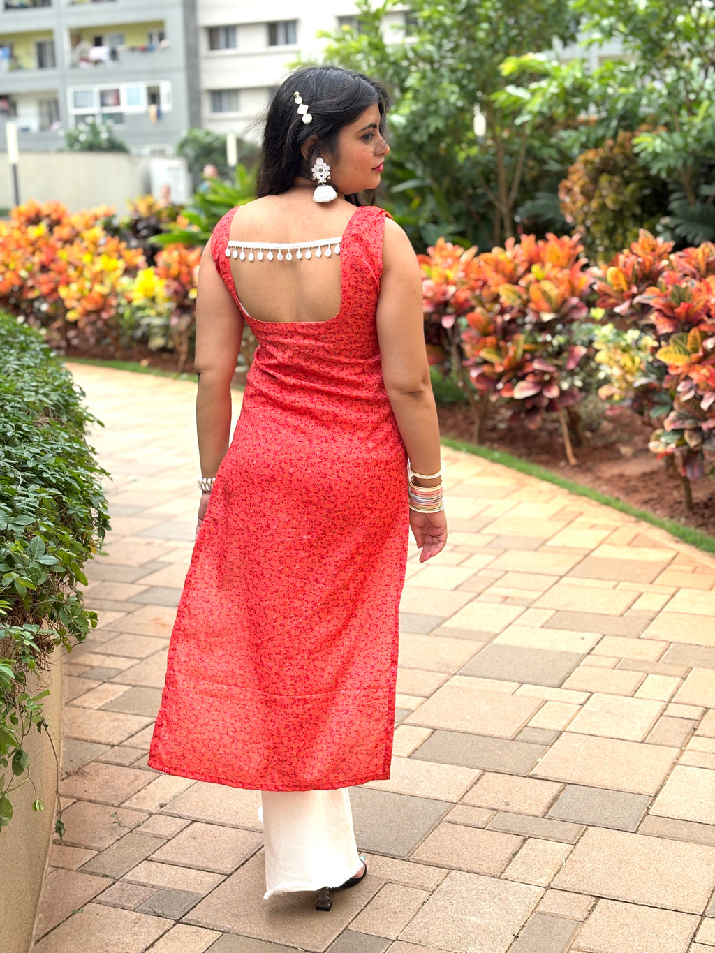 Coral Red Blossom Straight Kurti