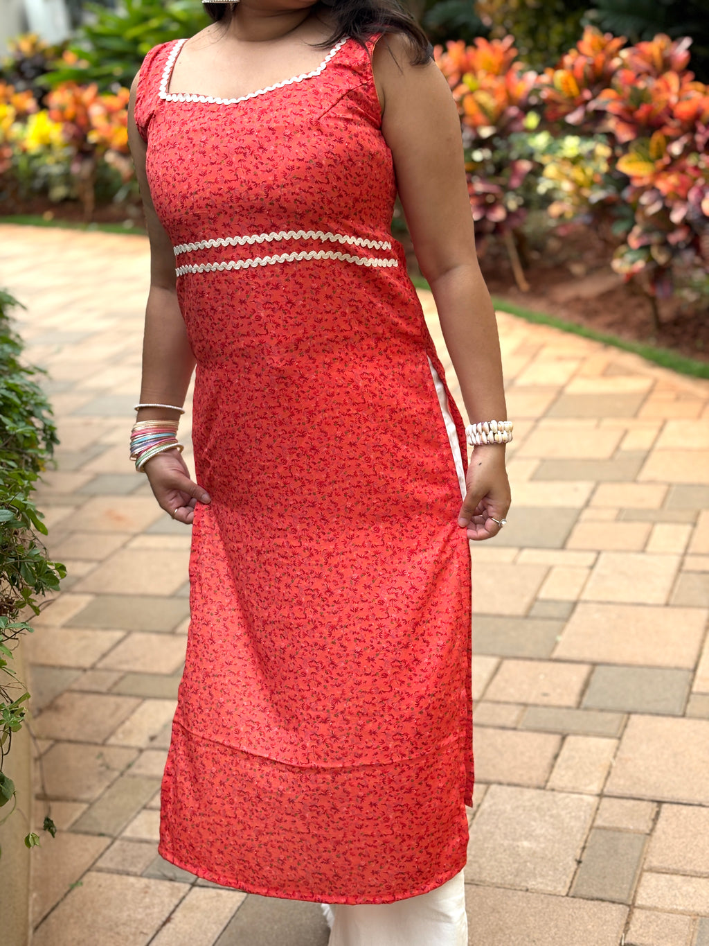 Coral Red Blossom Straight Kurti