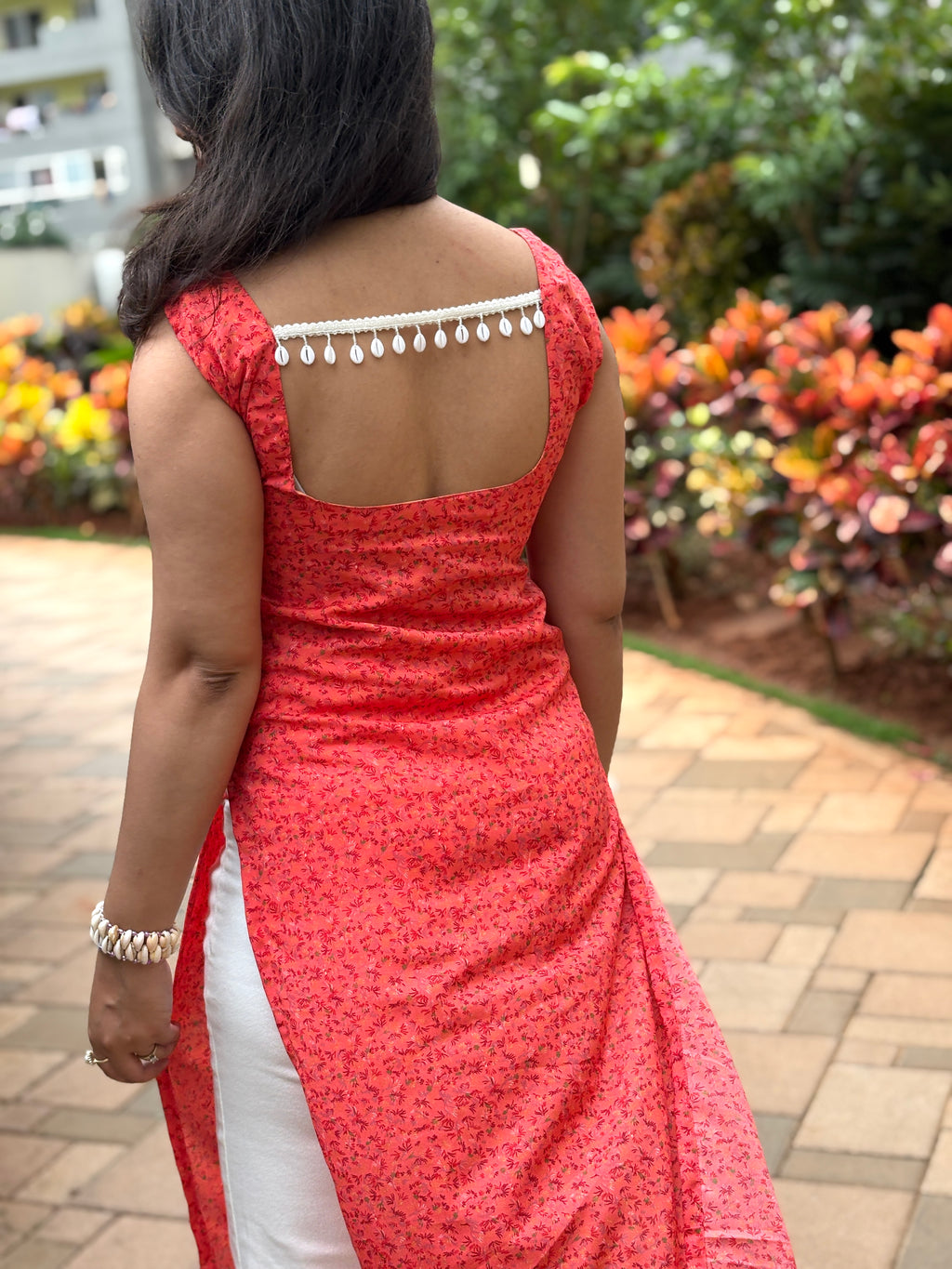 Coral Red Blossom Straight Kurti