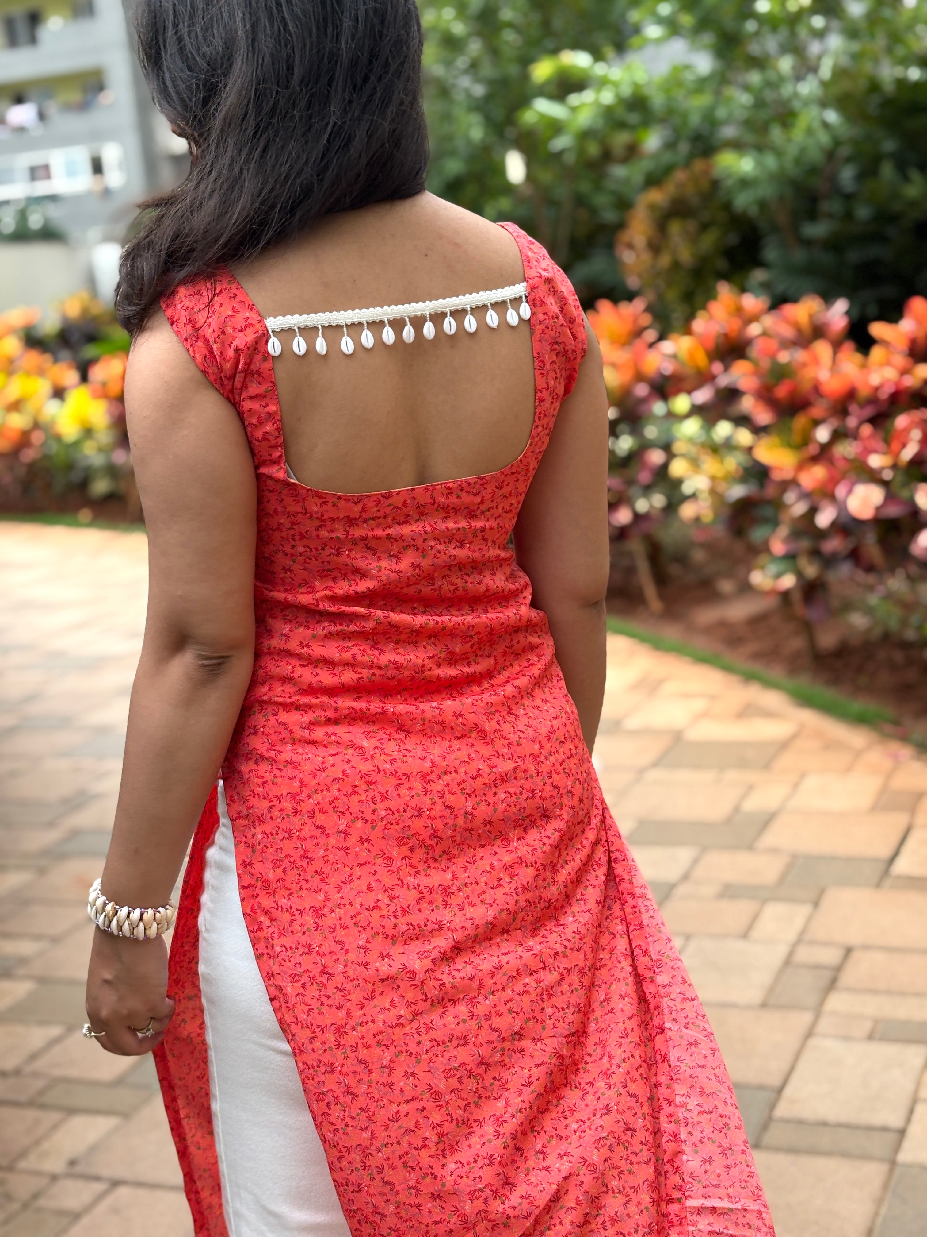 Coral Red Blossom Straight Kurti