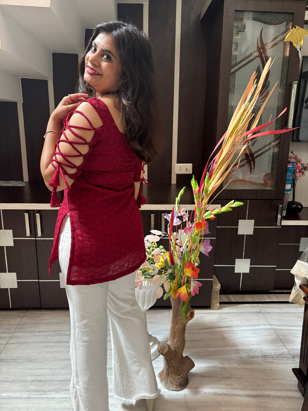 Hot Red Dori Sleeve Kurti