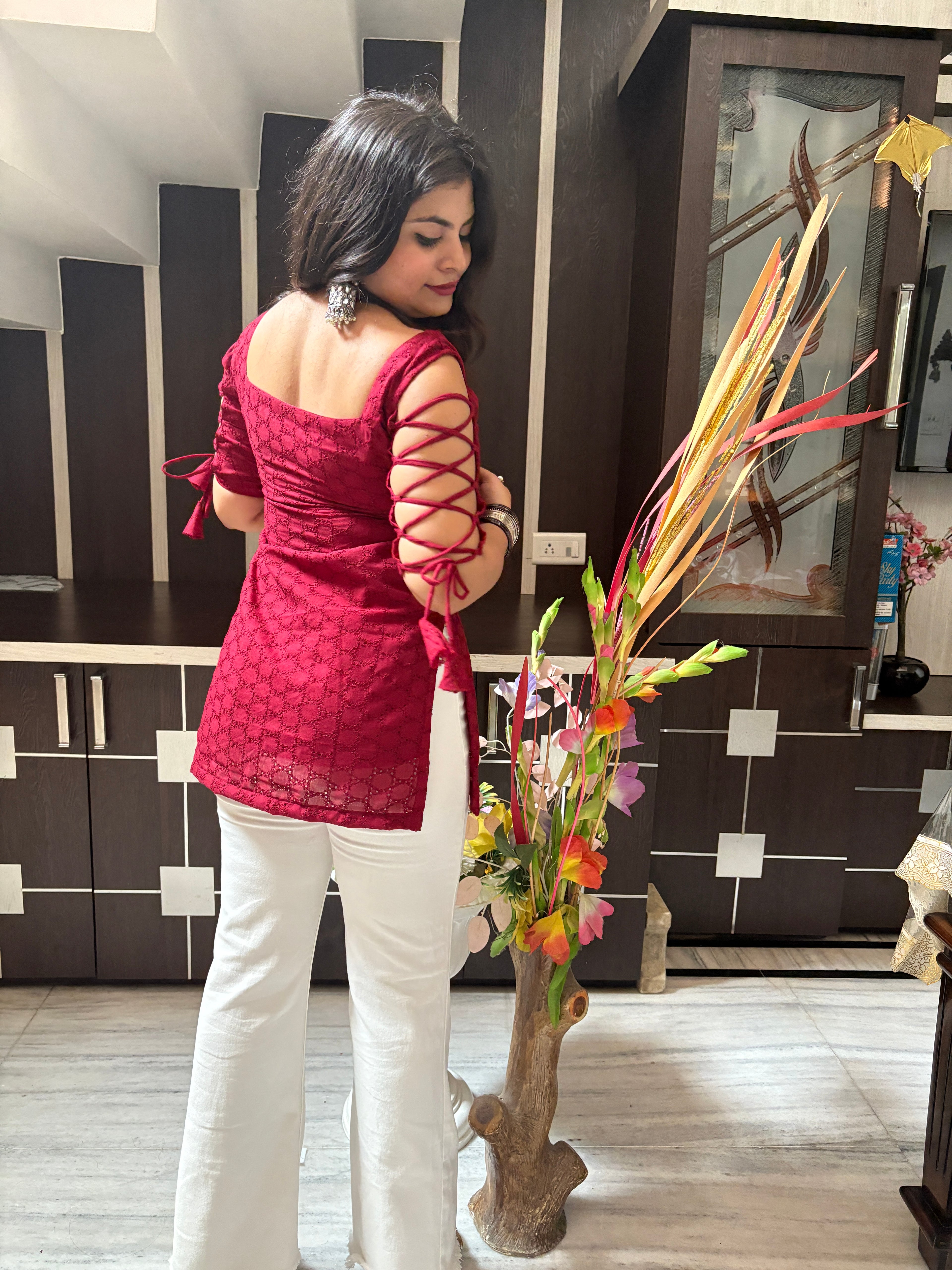 Hot Red Dori Sleeve Kurti