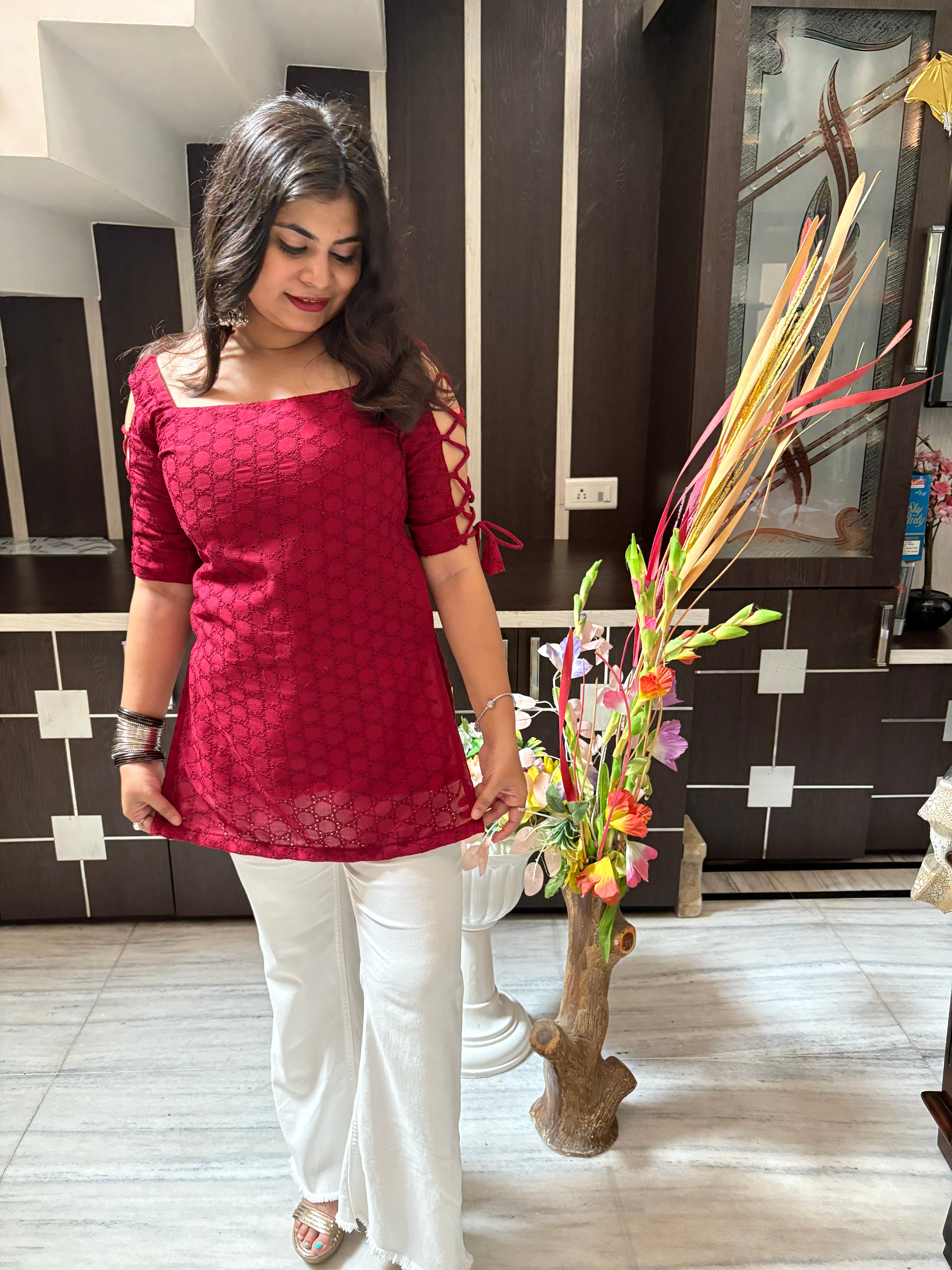 Hot Red Dori Sleeve Kurti