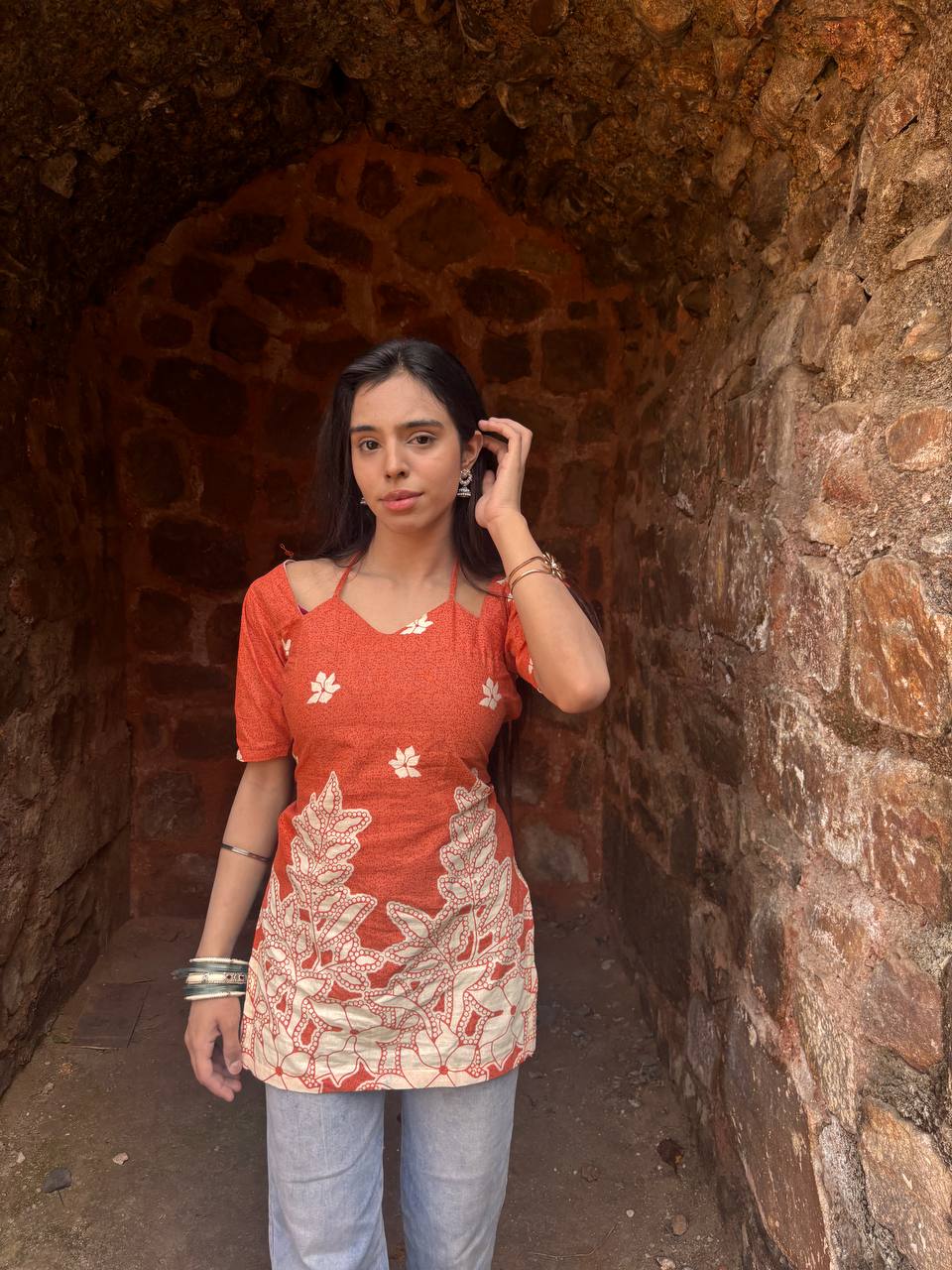 Rust Bloom Corset Tie-Up Kurti