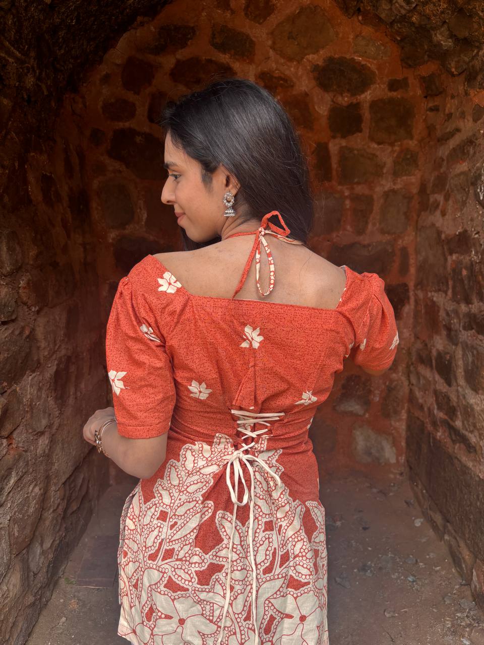 Rust Bloom Corset Tie-Up Kurti