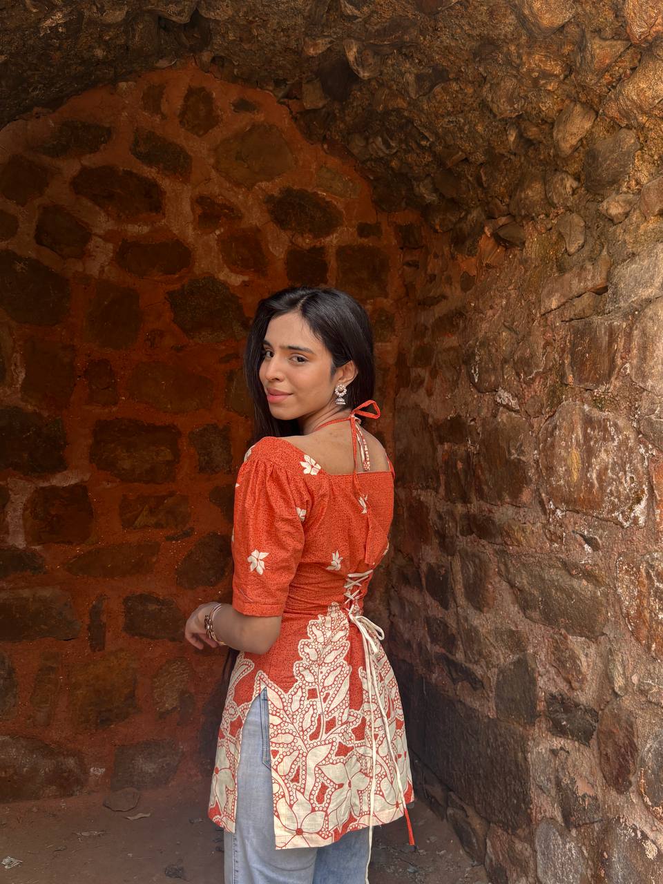 Rust Bloom Corset Tie-Up Kurti