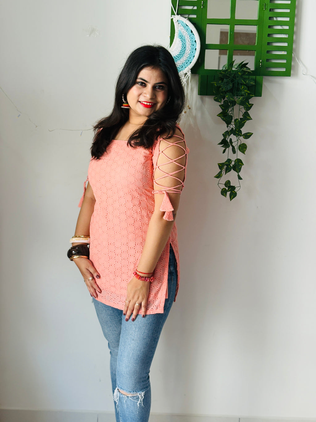 Peach Dori Sleeve Kurti