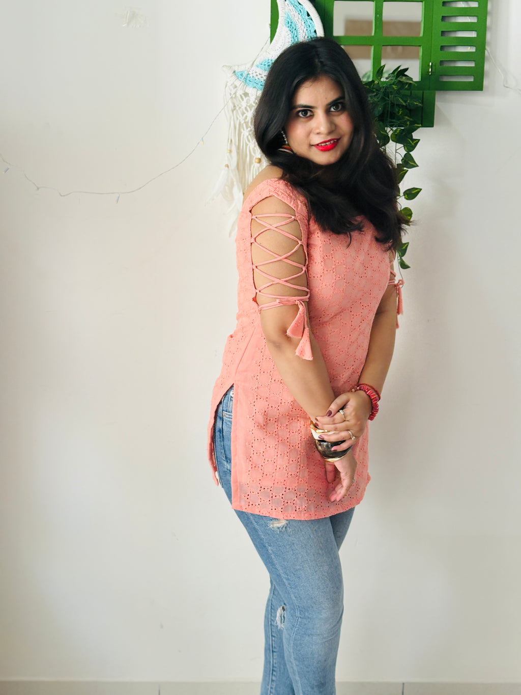 Peach Dori Sleeve Kurti