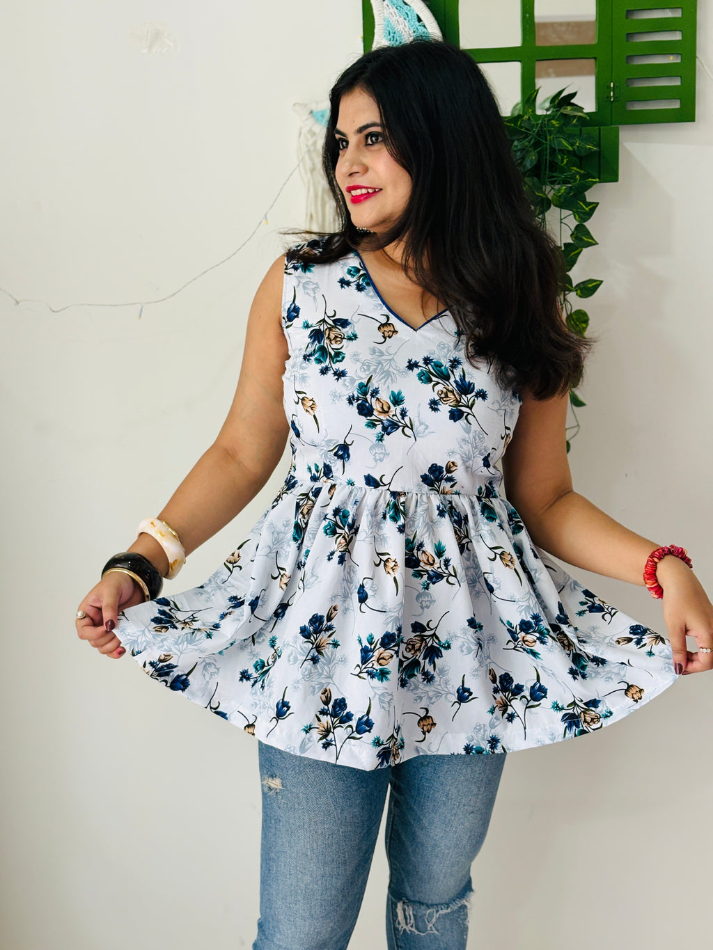 Floral Corset Back Kurti(Grey & Blue)