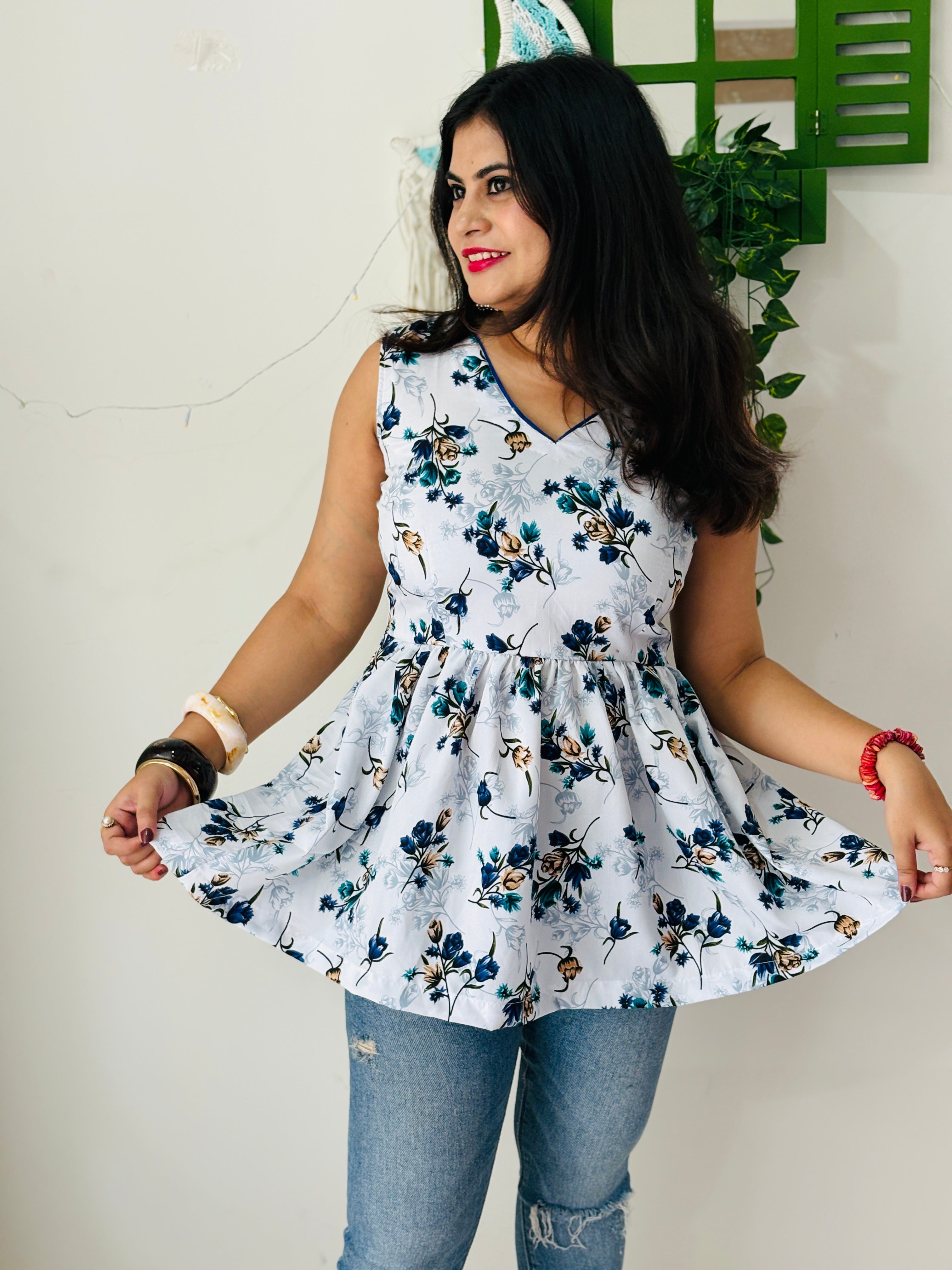 Floral Corset Back Kurti(Grey & Blue)