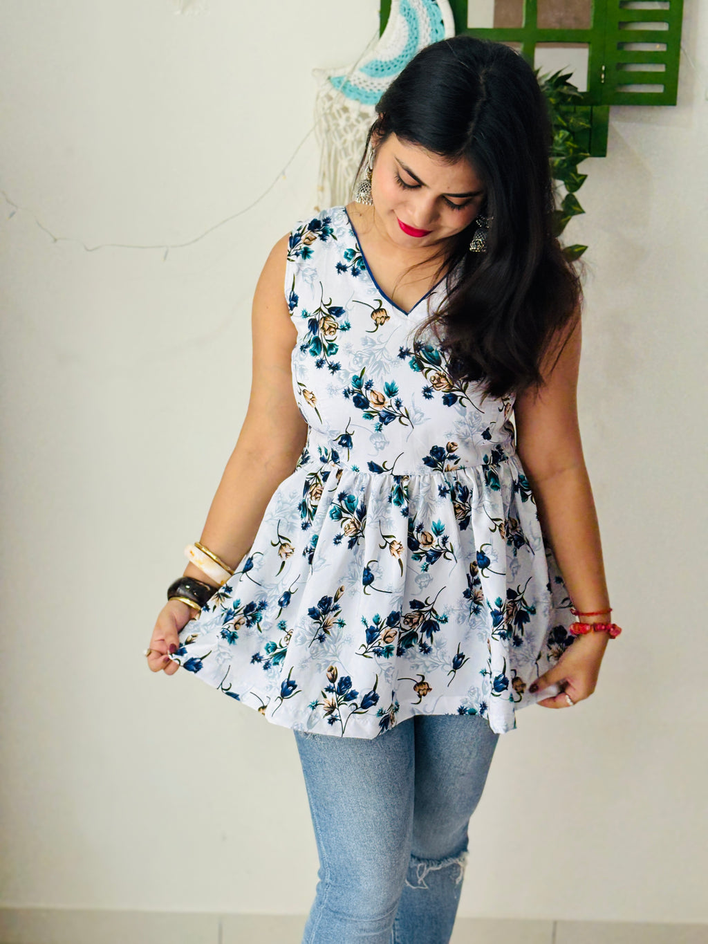 Floral Corset Back Kurti(Grey & Blue)