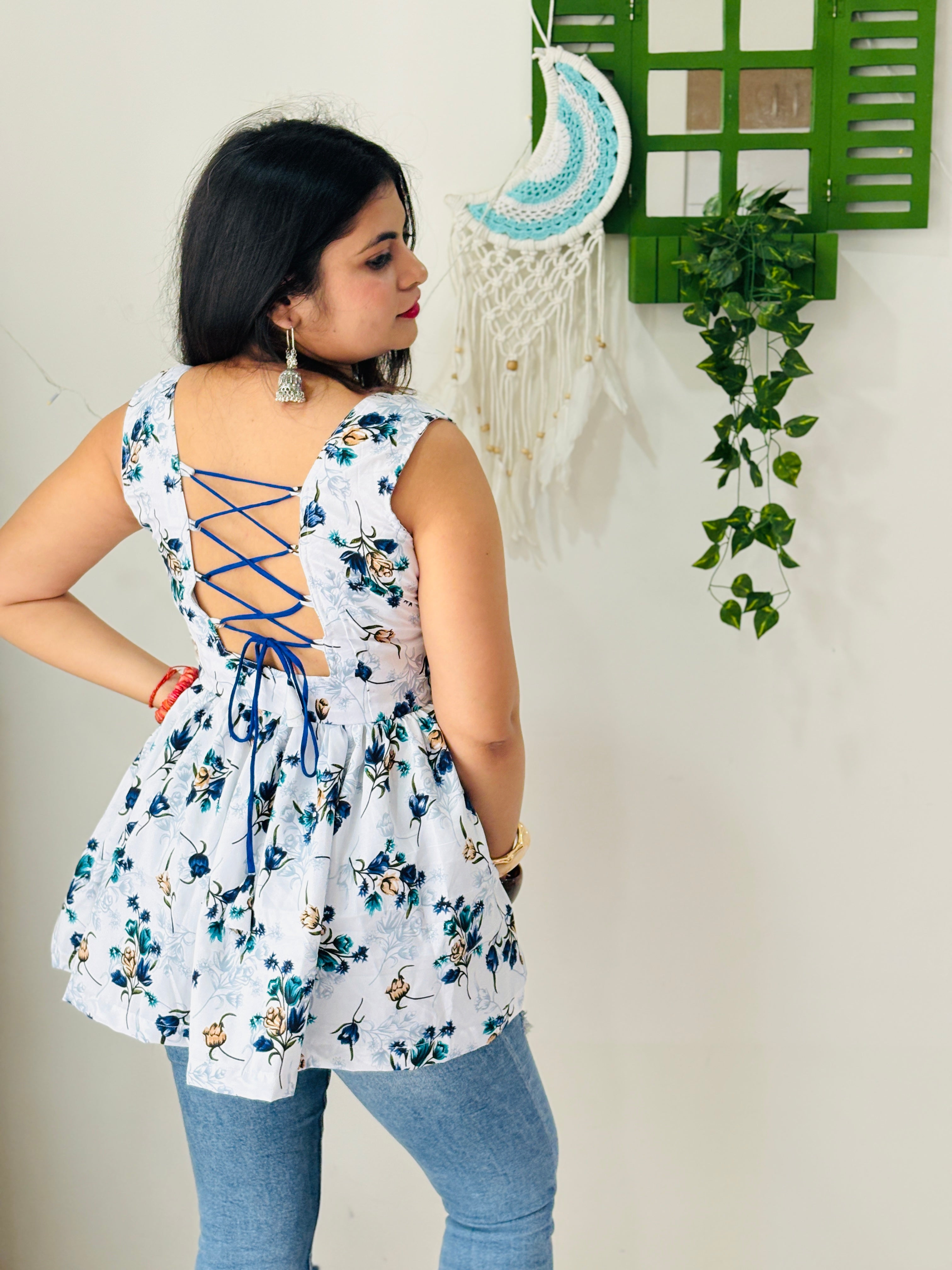 Floral Corset Back Kurti(Grey & Blue)