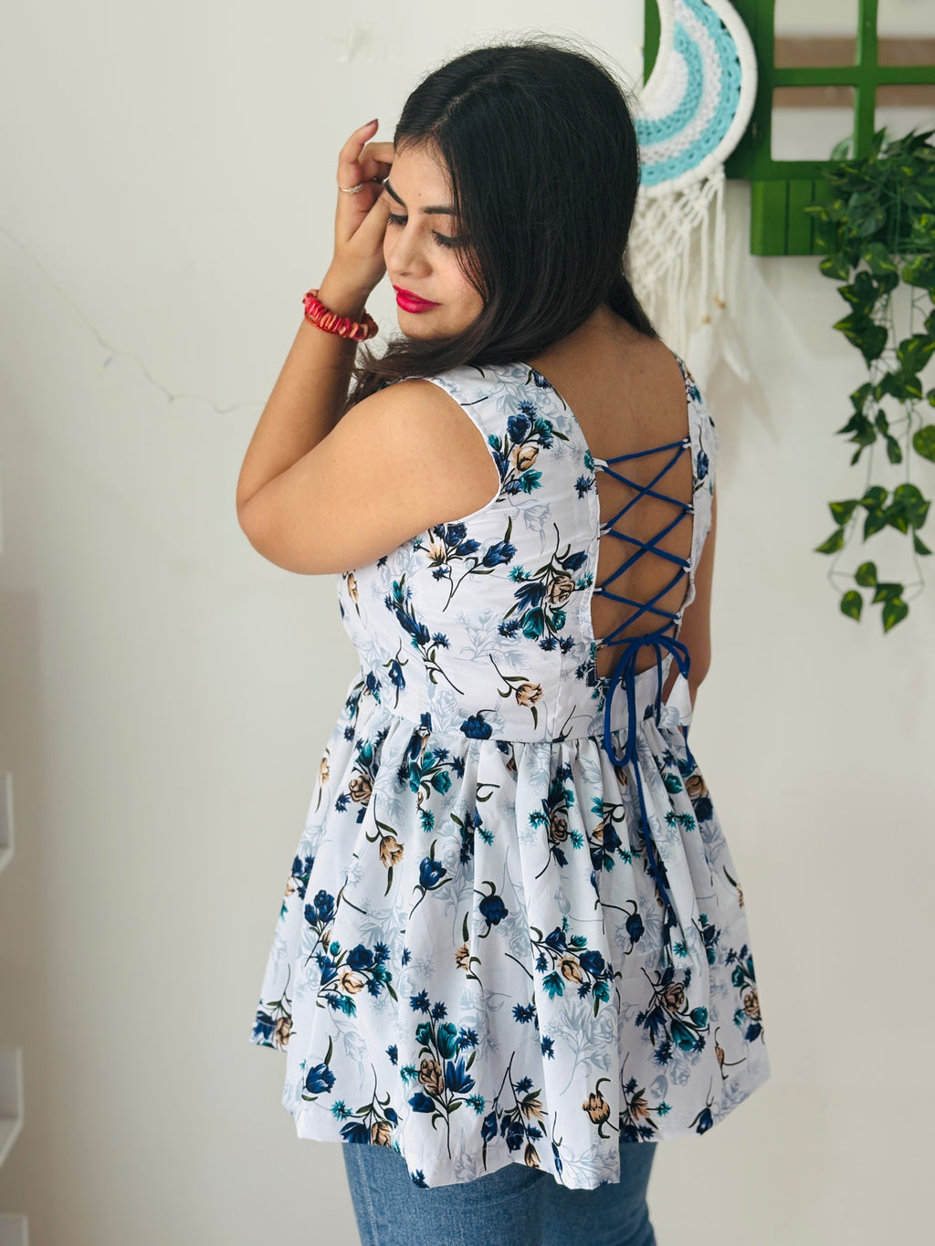 Floral Corset Back Kurti(Grey & Blue)