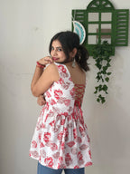 Floral Corset Back Kurti(White & Red)