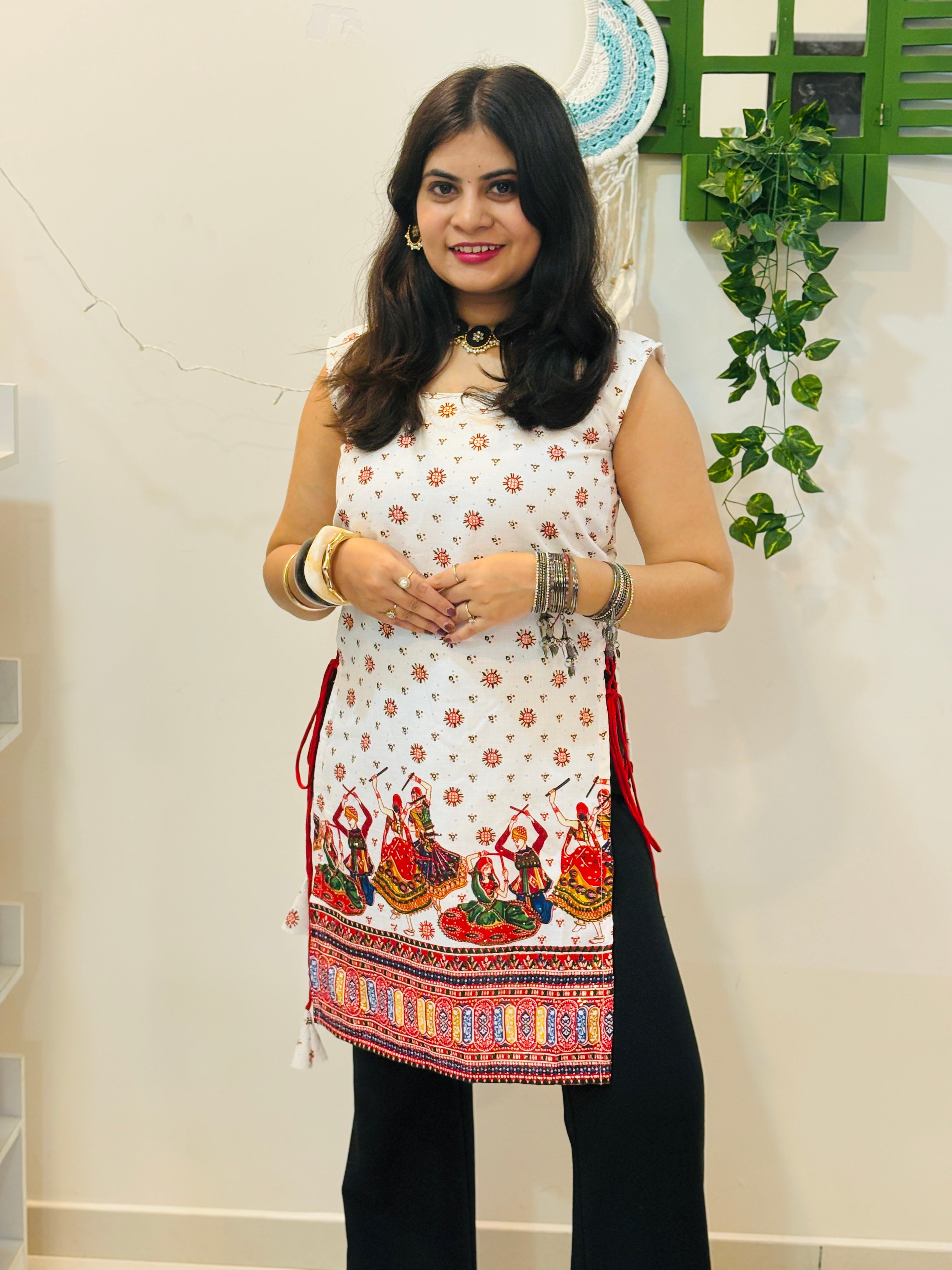 Nritya Dori Cotton Kurti(White & Red)