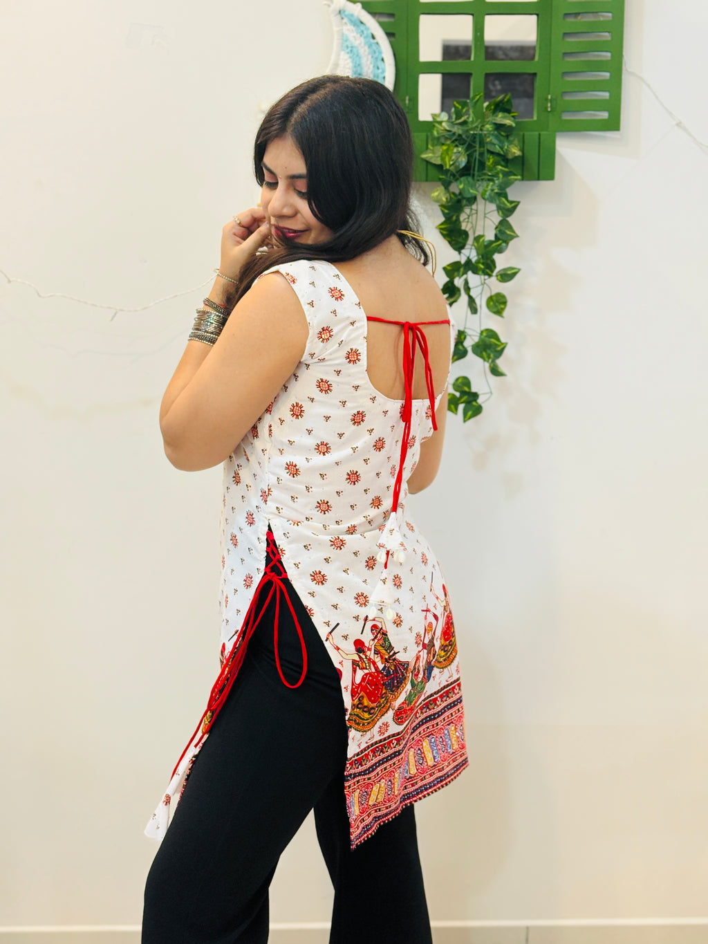 Nritya Dori Cotton Kurti(White & Red)