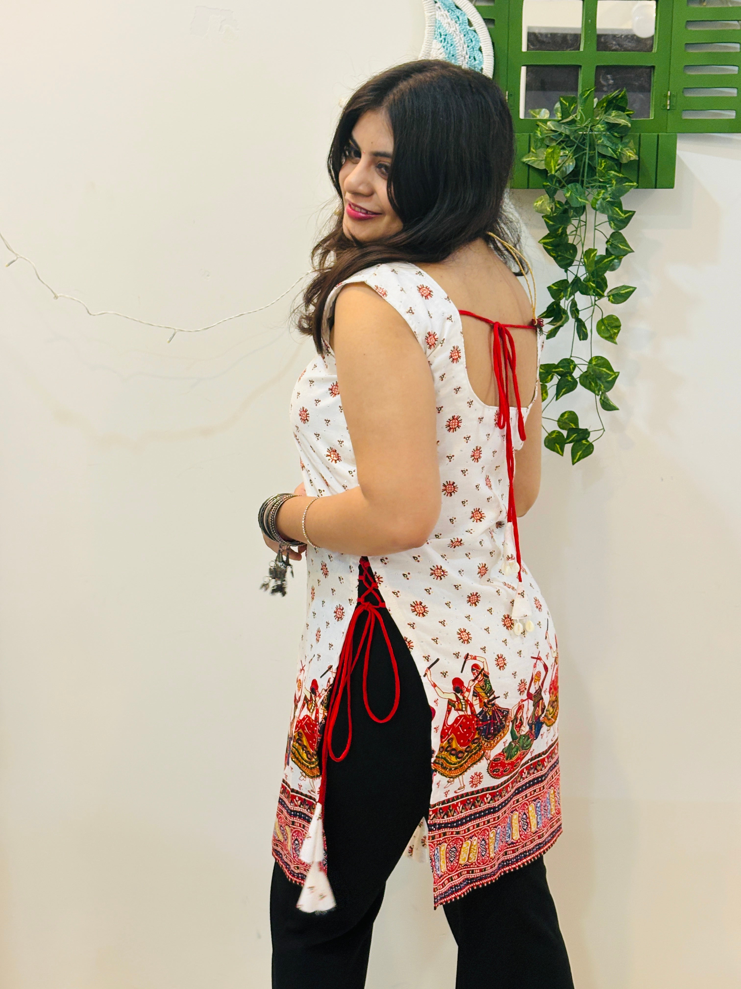 Nritya Dori Cotton Kurti(White & Red)