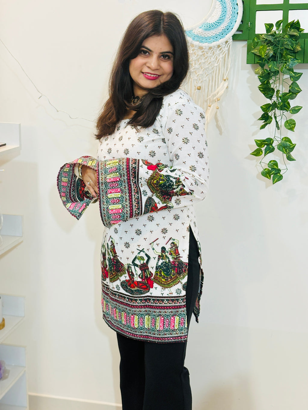 Nritya Pearl Cotton Kurti (White & Green)