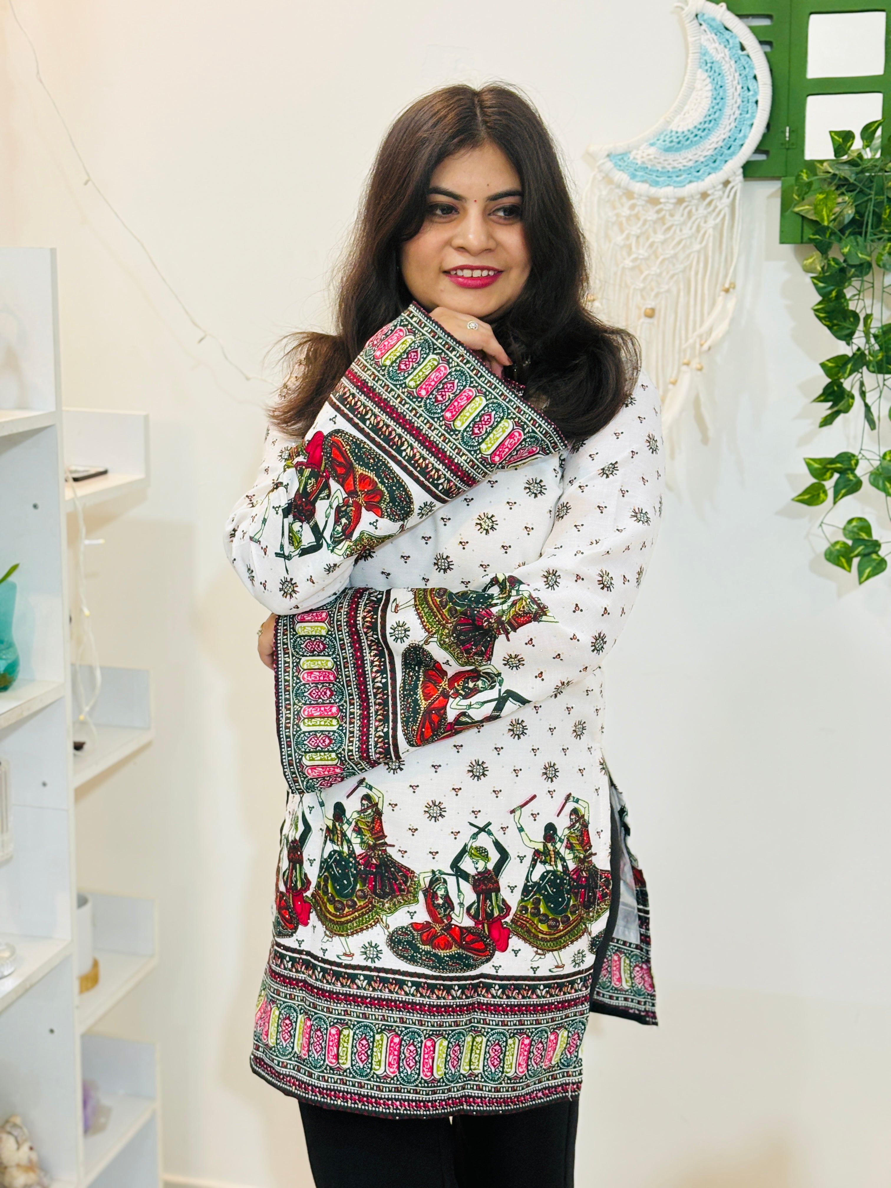 Nritya Pearl Cotton Kurti (White & Green)