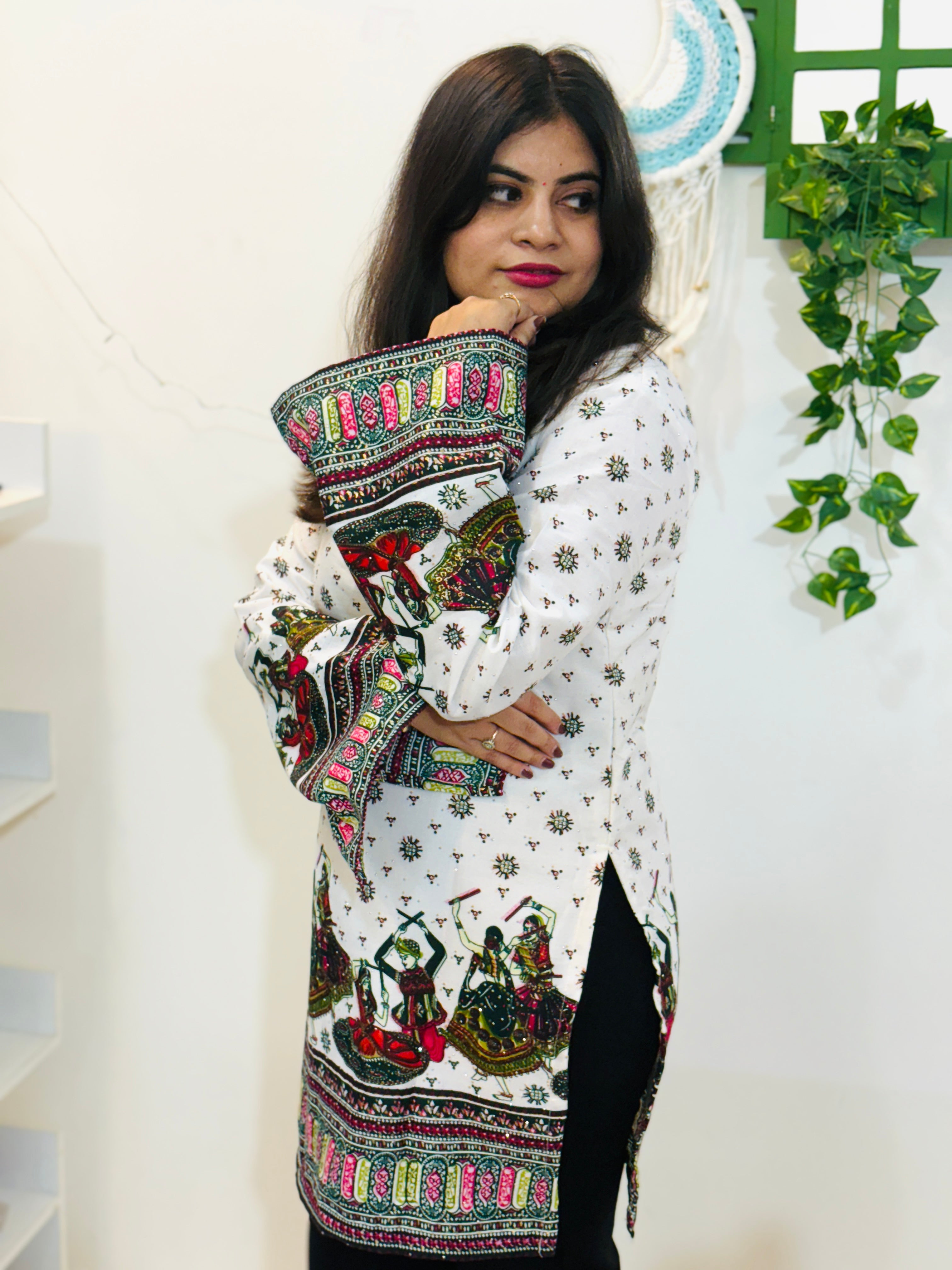 Nritya Pearl Cotton Kurti (White & Green)