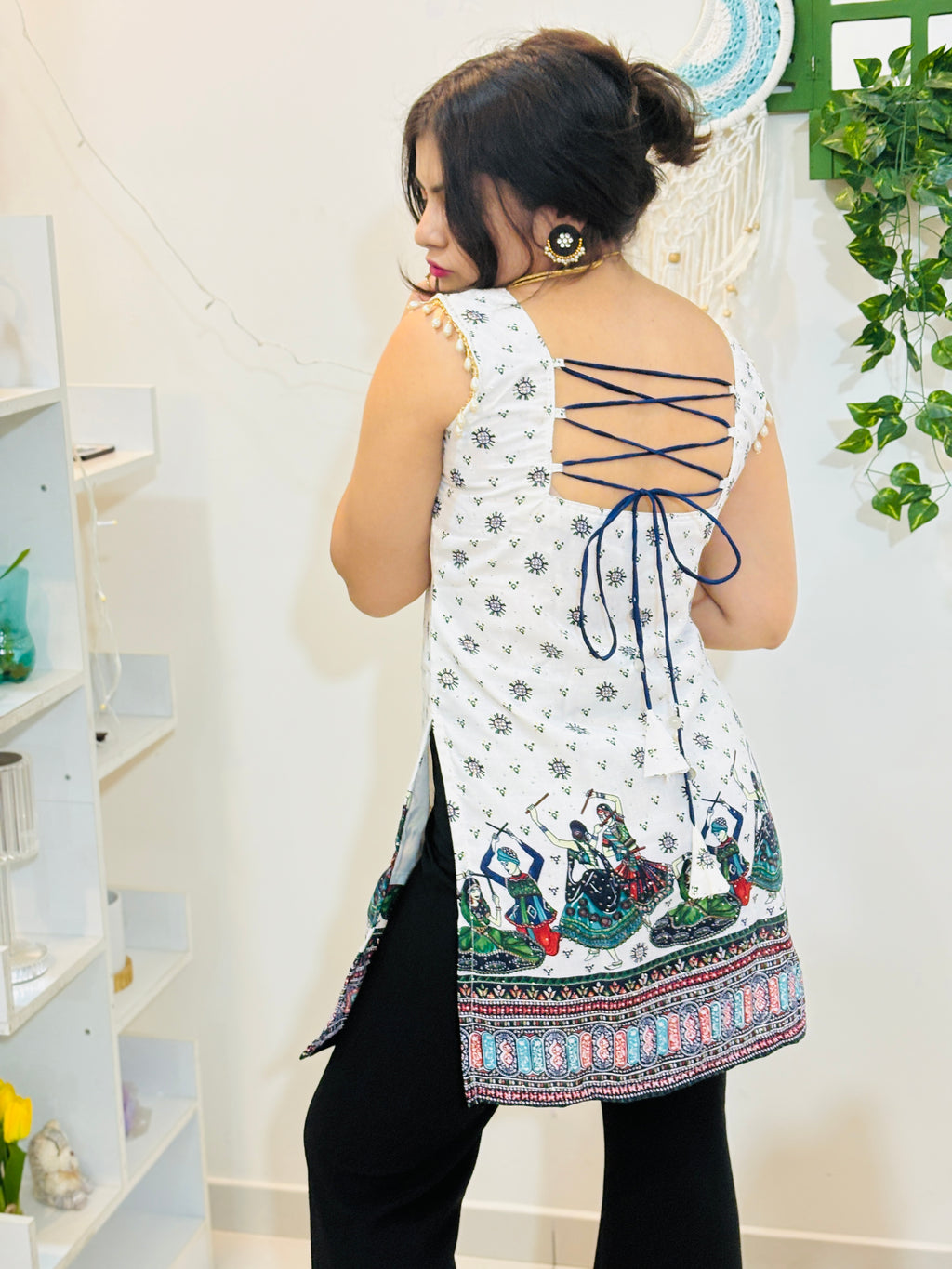 Nritya Corset Cotton Kurti (White & Blue)