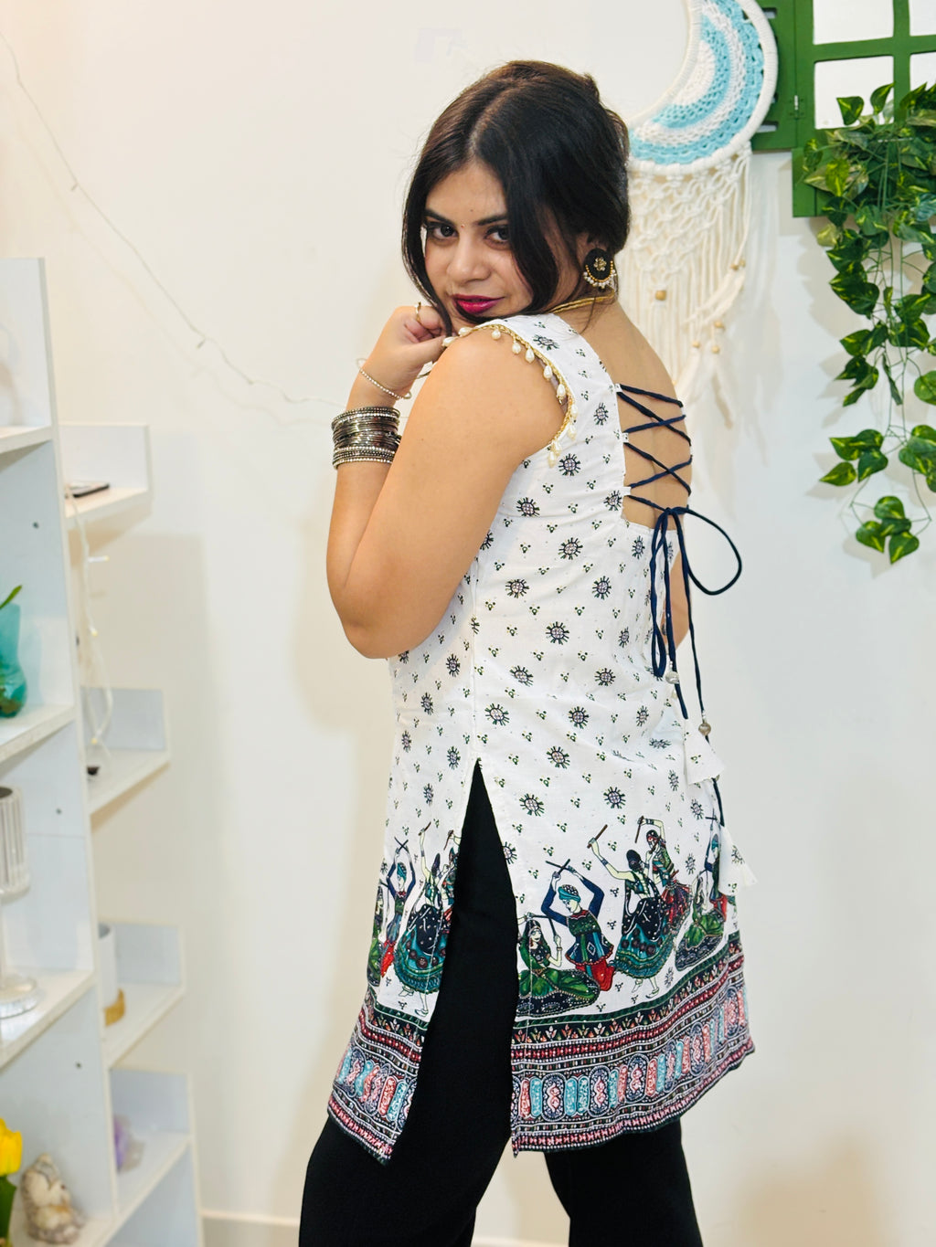 Nritya Corset Cotton Kurti (White & Blue)