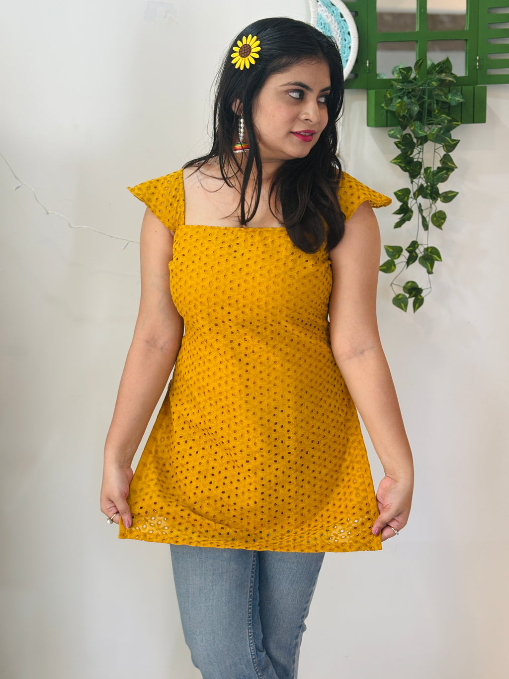 Mustard Hakoba Chikan Kurti