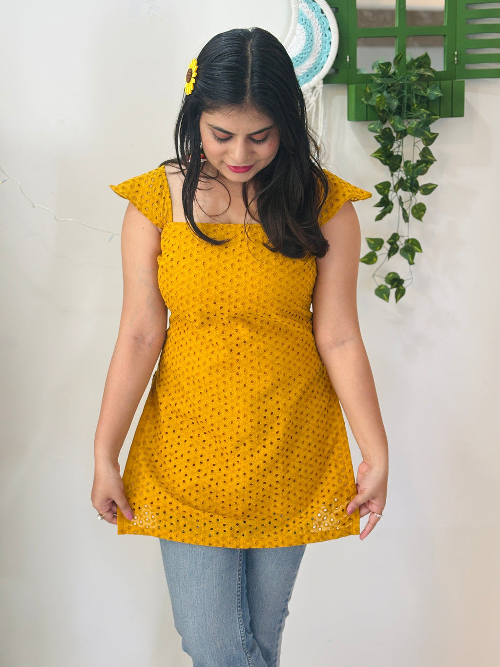 Mustard Hakoba Chikan Kurti