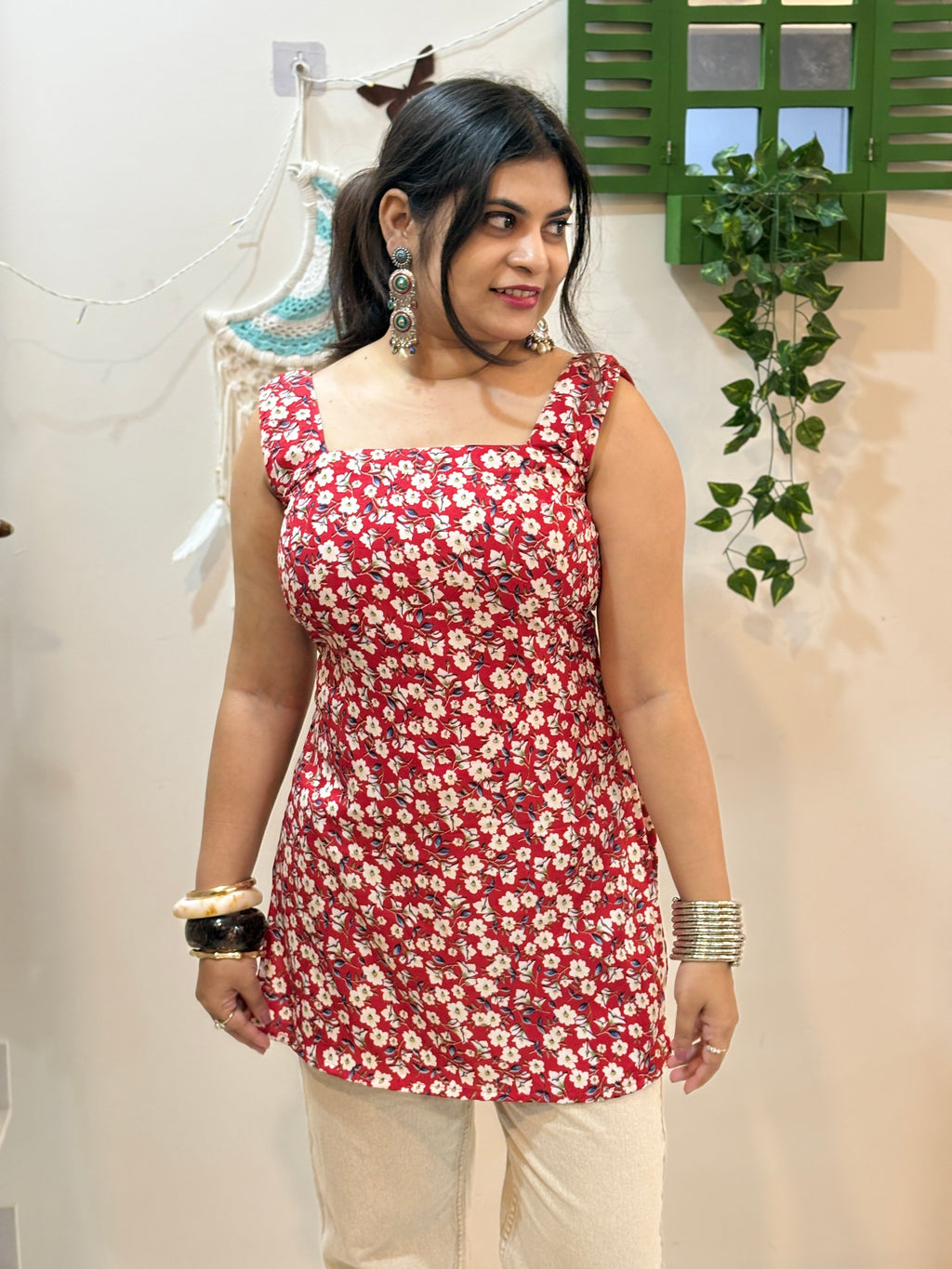Cherry Red Corset Kurti with Pearl Detail